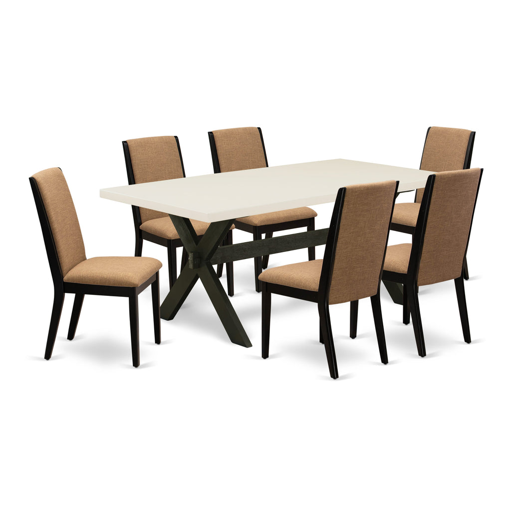 Juego de mesa de comedor de 7 piezas East West Furniture X627LA147-7 compuesto por una mesa de comedor rectangular con patas en forma de X y 6 sillas tapizadas en tela de lino color sable claro.