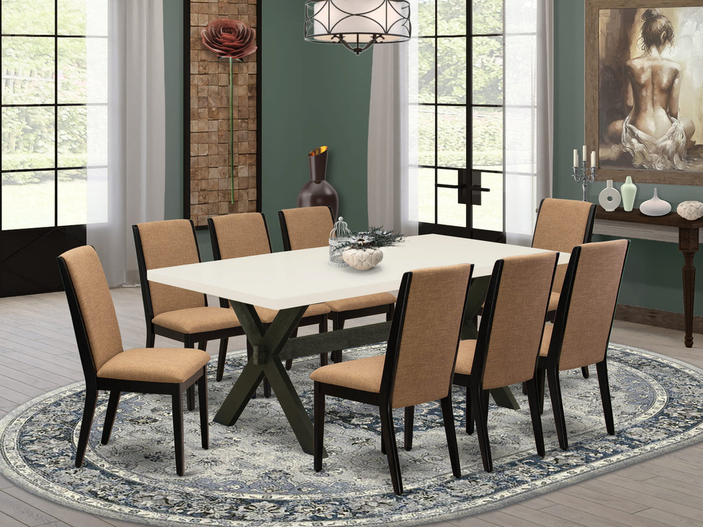El juego de mesa de comedor East West Furniture X627LA147-9 de 9 piezas incluye una mesa de cocina rectangular con patas en forma de X y 8 sillas de comedor Parson de tela de lino color sable claro.