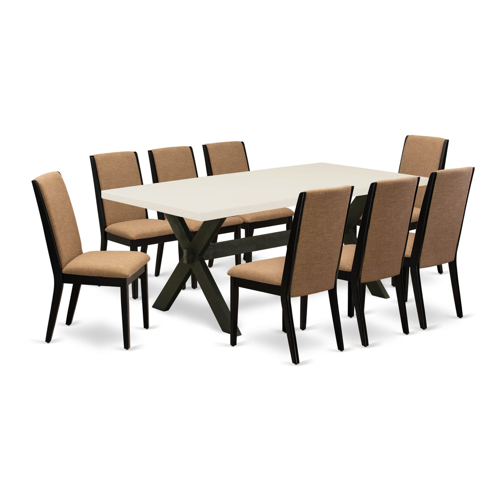 El juego de mesa de comedor East West Furniture X627LA147-9 de 9 piezas incluye una mesa de cocina rectangular con patas en forma de X y 8 sillas de comedor Parson de tela de lino color sable claro.