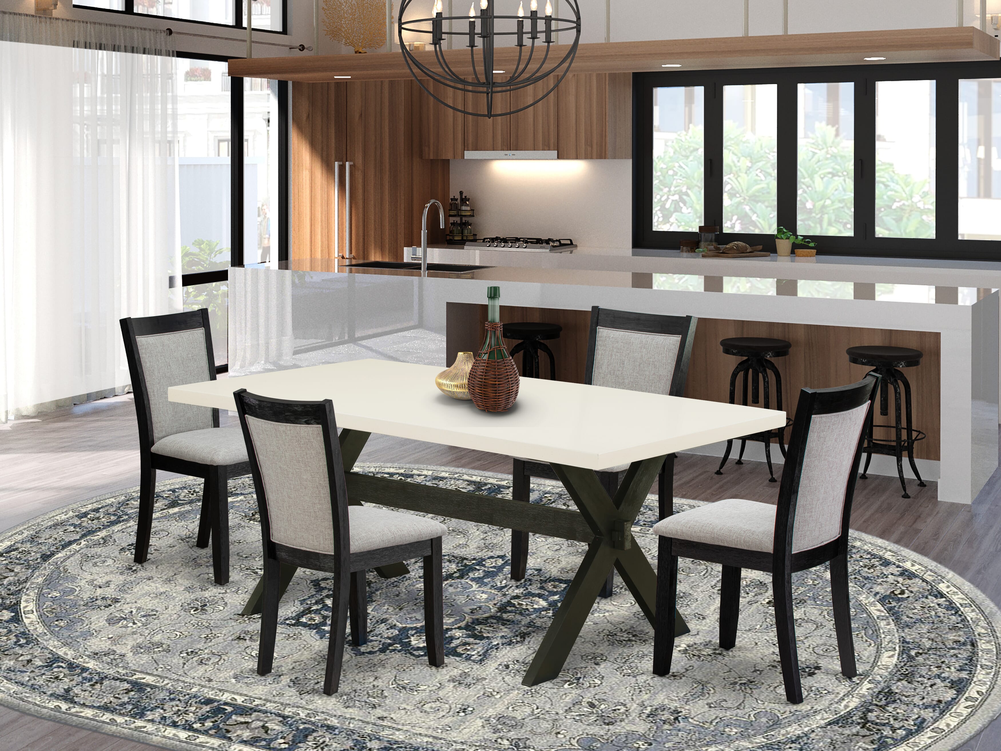 East West Furniture X627MZ606-5 5 Piece Dining Set - linen white Top Wood Dining Table with Trestle Base and 4 Shitake Linen Fabric Parson Chairs - Wire Brushed Black Finish
