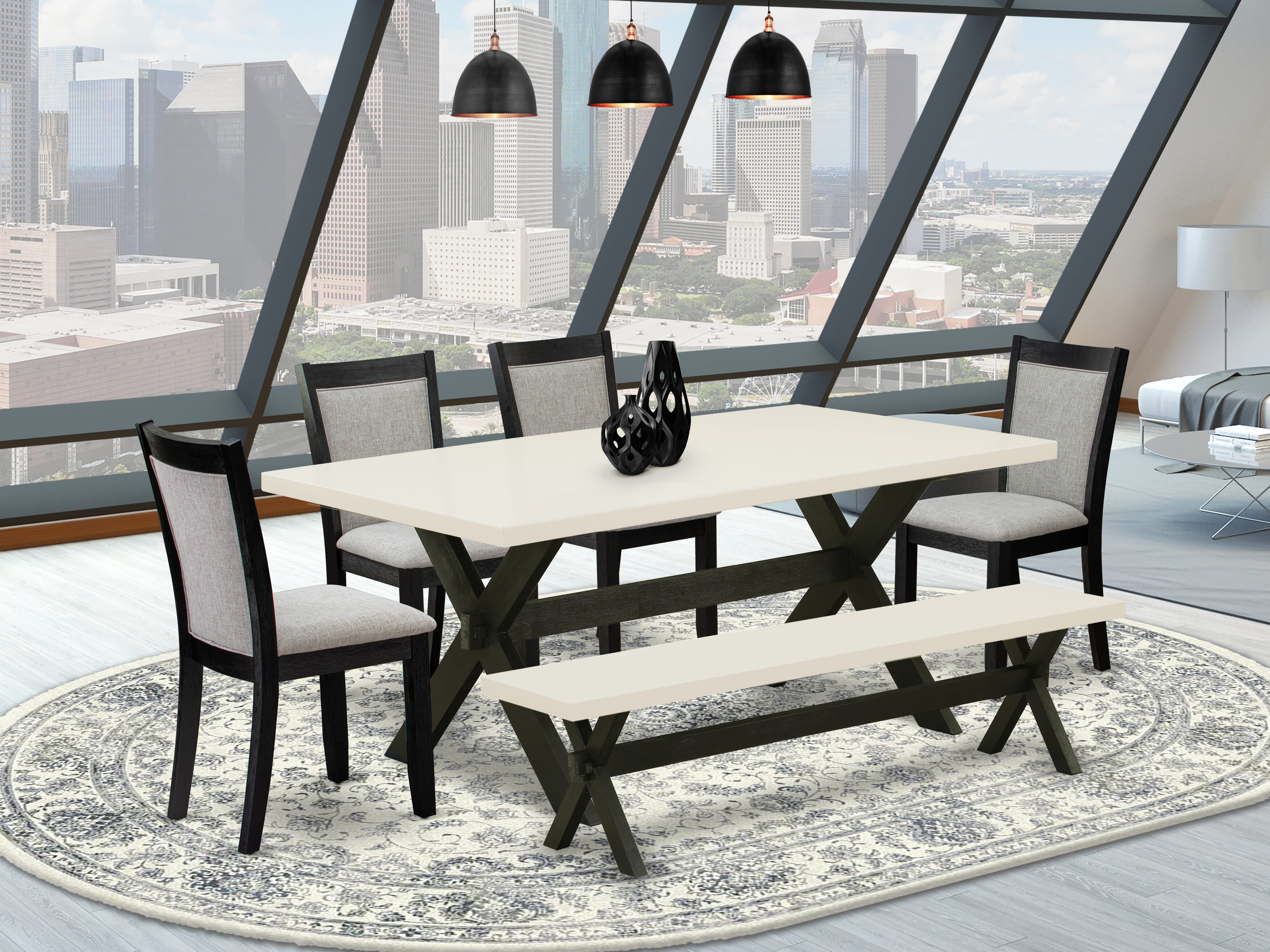 East West Furniture X627MZ606-6 6 Pc Dinner Table Set - linen white Top Wooden Table with a Kitchen Bench and 4 Shitake Linen Fabric Upholstered Dining Room Chairs - Wire Brushed Black Finish