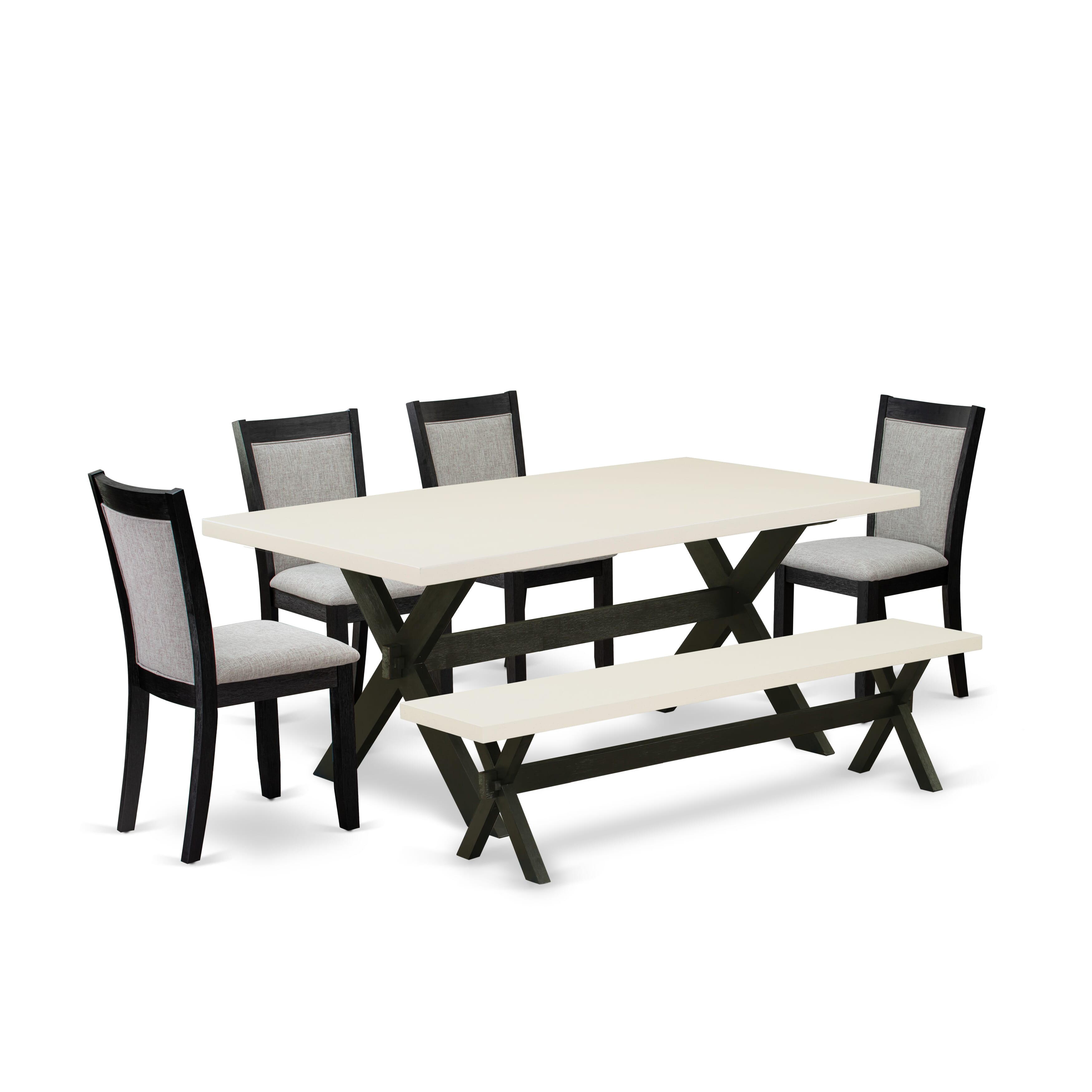 East West Furniture X627MZ606-6 6 Pc Dinner Table Set - linen white Top Wooden Table with a Kitchen Bench and 4 Shitake Linen Fabric Upholstered Dining Room Chairs - Wire Brushed Black Finish