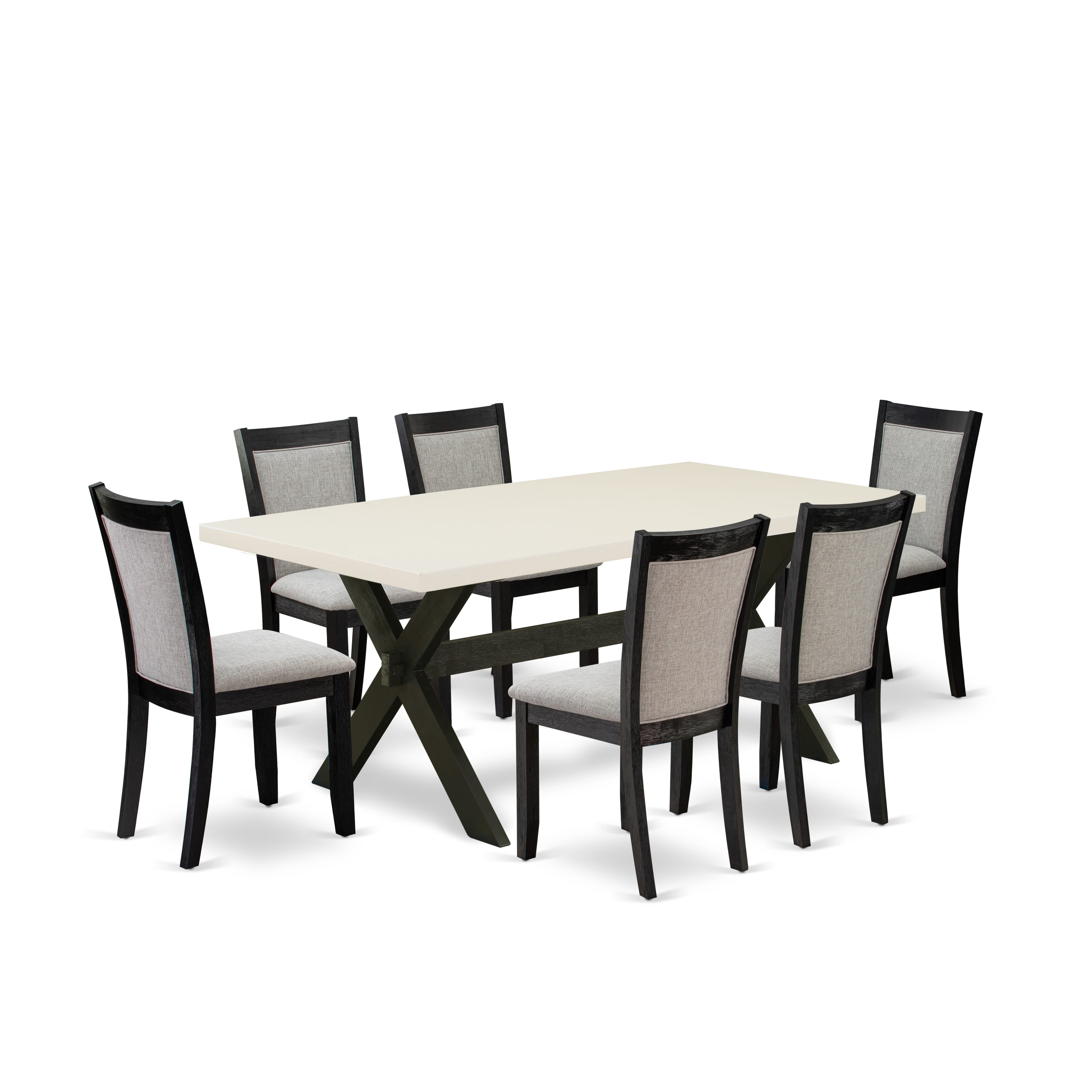 East West Furniture X627MZ606-7 7 Piece Table Set - linen white Top Wooden Table with Trestle Base and 6 Shitake Linen Fabric Kitchen Chairs - Wire Brushed Black Finish