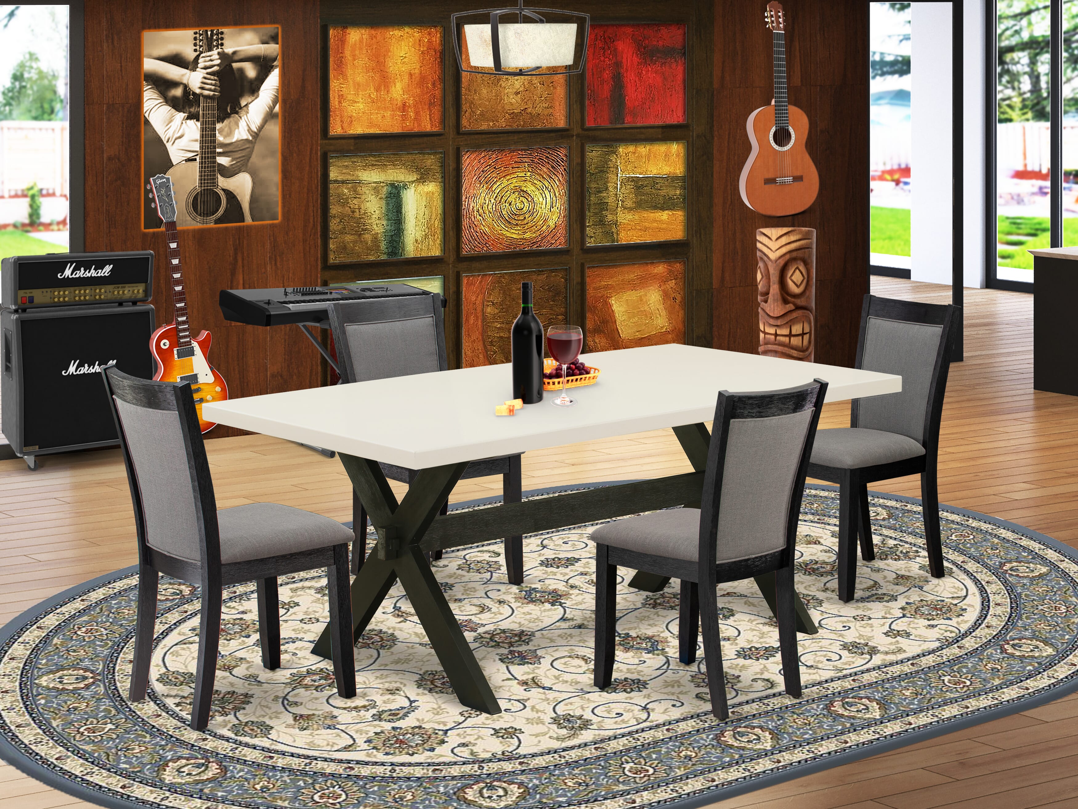East West Furniture X627MZ650-5 5 Pc Dinner Table Set - linen white Top Mid Century Dining Table with Trestle Base and 4 Dark Gotham Grey Linen Fabric Modern Dining Chairs - Wire Brushed Black Finish