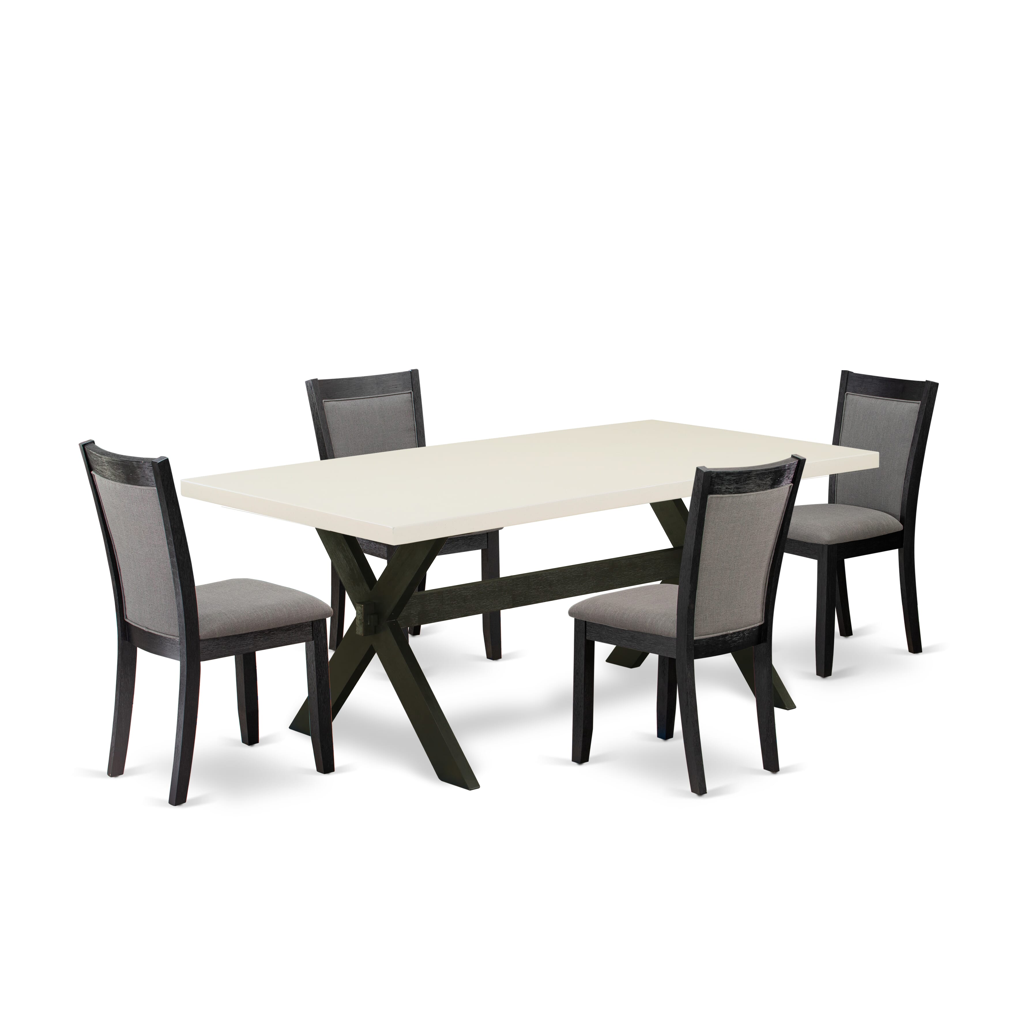 East West Furniture X627MZ650-5 5 Pc Dinner Table Set - linen white Top Mid Century Dining Table with Trestle Base and 4 Dark Gotham Grey Linen Fabric Modern Dining Chairs - Wire Brushed Black Finish