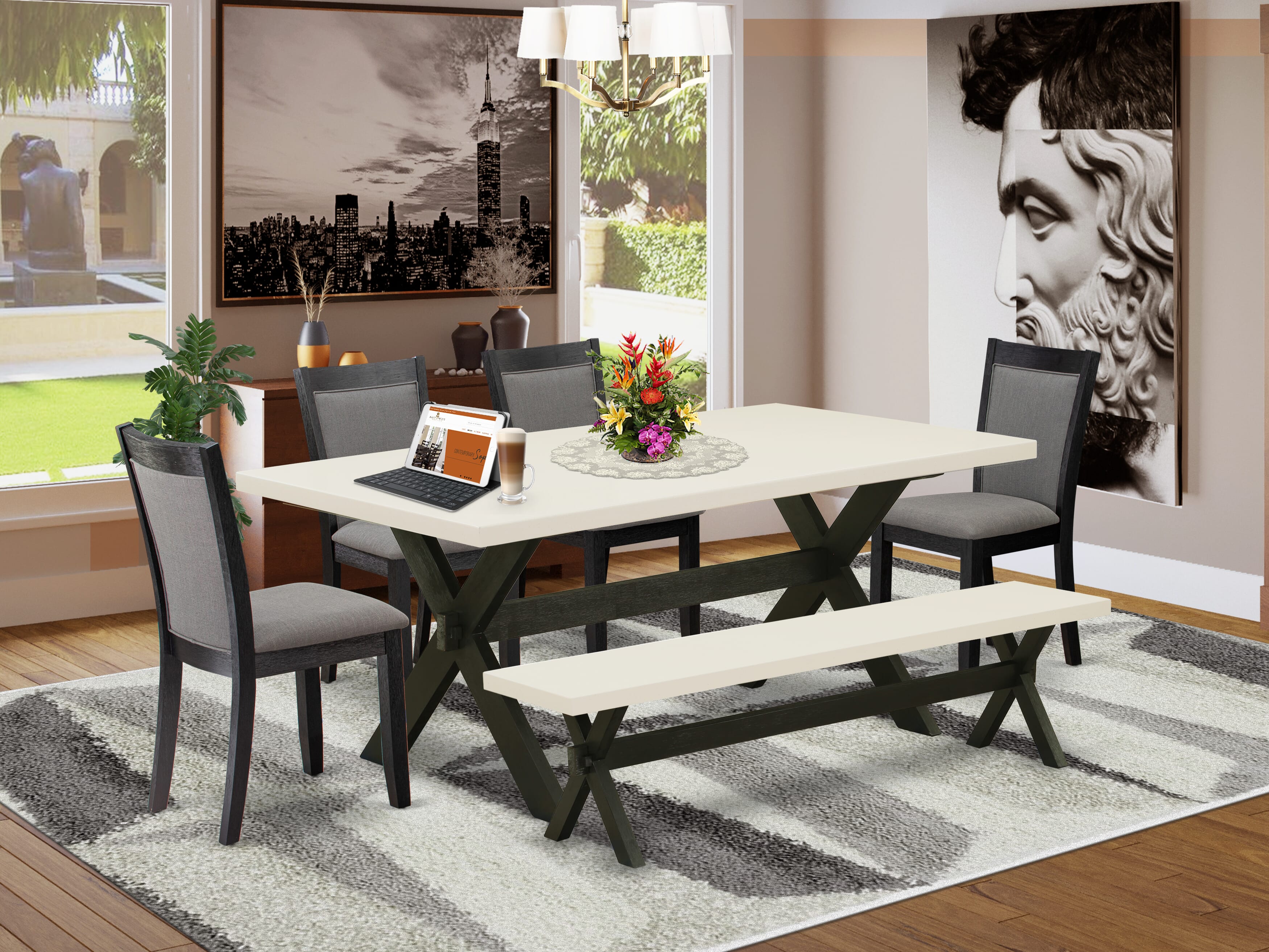 East West Furniture X627MZ650-6 6 Pc Table Set - linen white Top Dinner Table with a Wood Bench and 4 Dark Gotham Grey Linen Fabric Upholstered Dining Chairs - Wire Brushed Black Finish