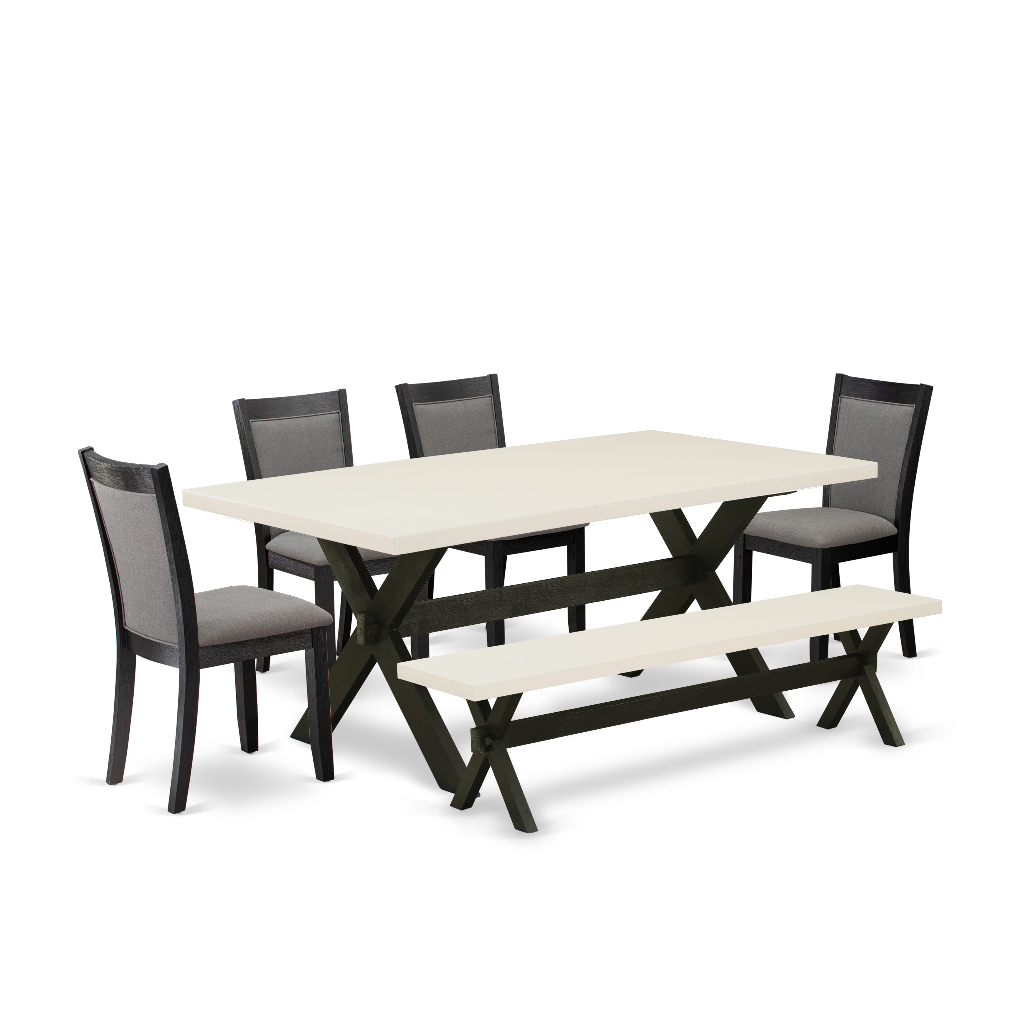 East West Furniture X627MZ650-6 6 Pc Table Set - linen white Top Dinner Table with a Wood Bench and 4 Dark Gotham Grey Linen Fabric Upholstered Dining Chairs - Wire Brushed Black Finish