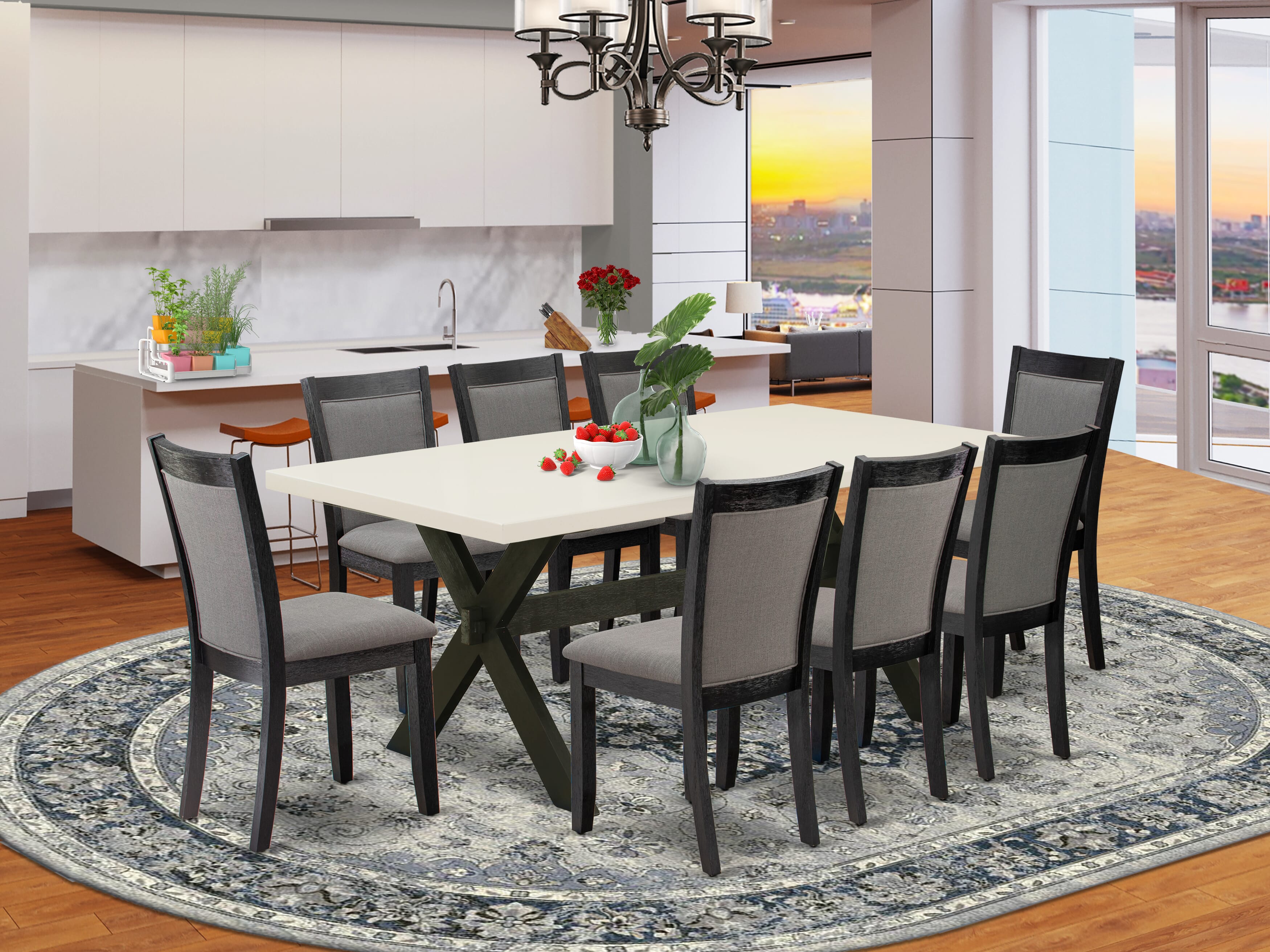 East West Furniture X627MZ650-9 9 Piece Dinner Table Set - A linen white Top Dining Room Table with Trestle Base and 8 Dark Gotham Grey Linen Fabric Modern Dining Chairs - Wire Brushed Black Finish