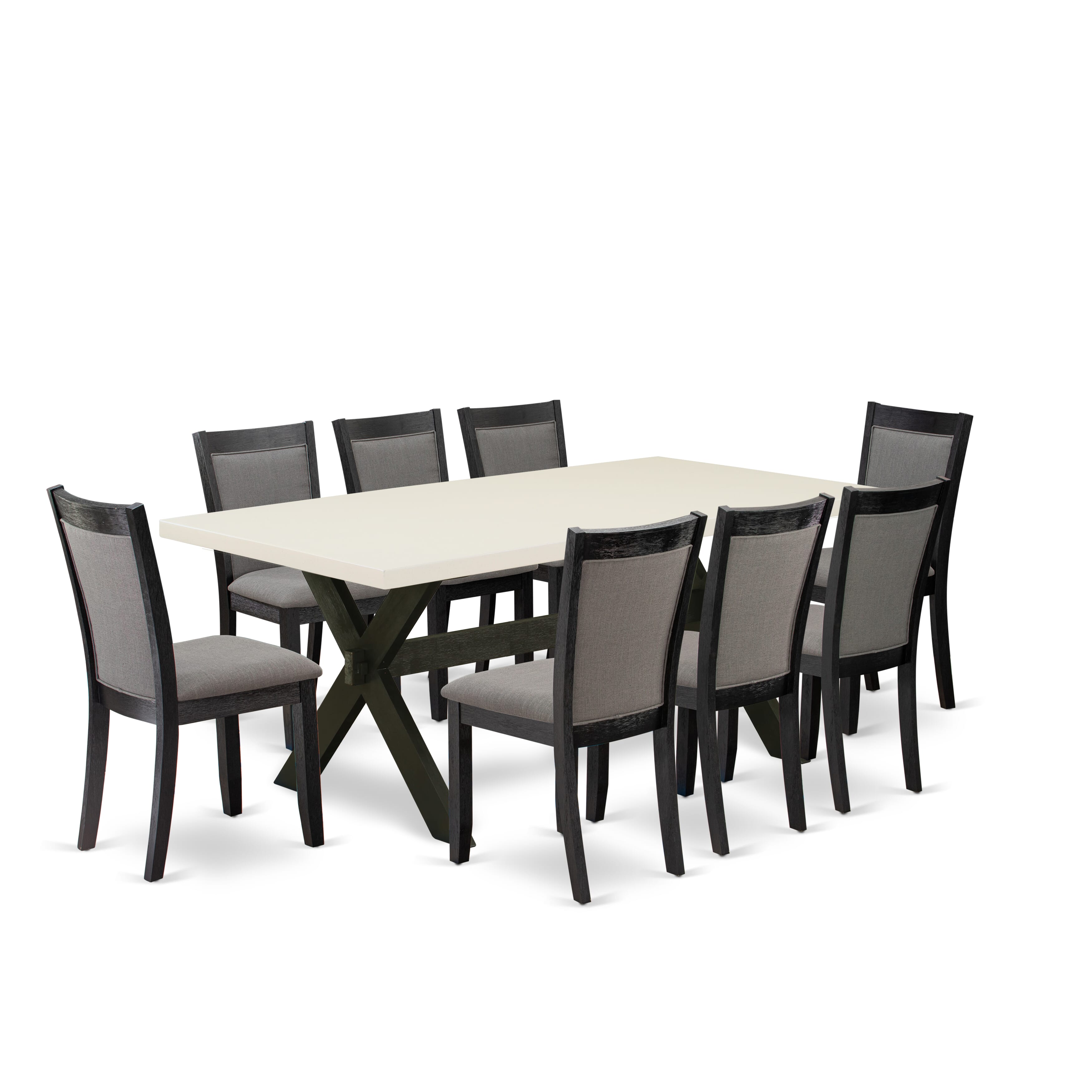 East West Furniture X627MZ650-9 9 Piece Dinner Table Set - A linen white Top Dining Room Table with Trestle Base and 8 Dark Gotham Grey Linen Fabric Modern Dining Chairs - Wire Brushed Black Finish