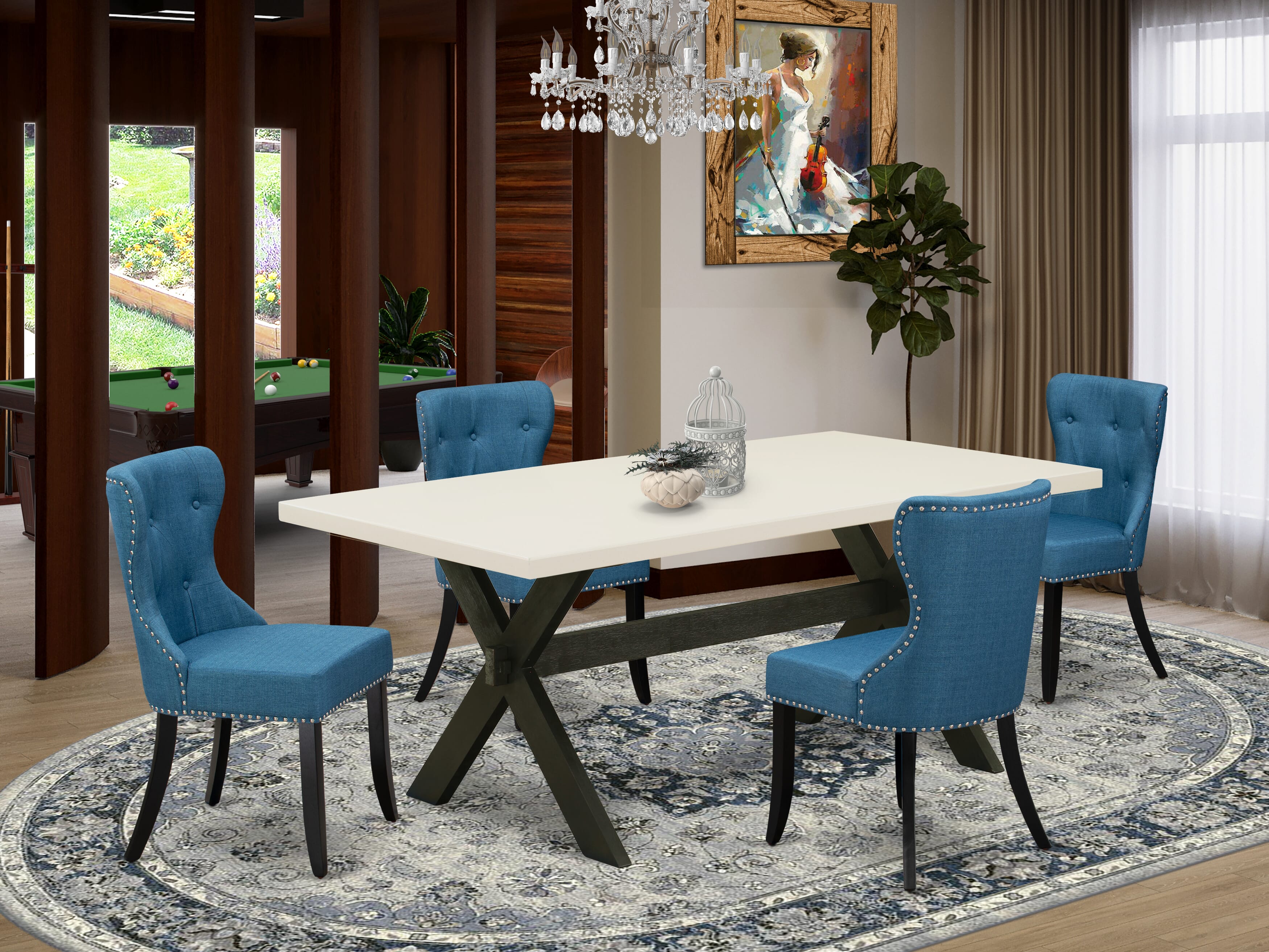 Juego de comedor de 5 piezas East West Furniture X627SI121-5. Incluye una mesa de comedor rectangular con patas en forma de X y 4 sillas tapizadas en tela de lino azul.