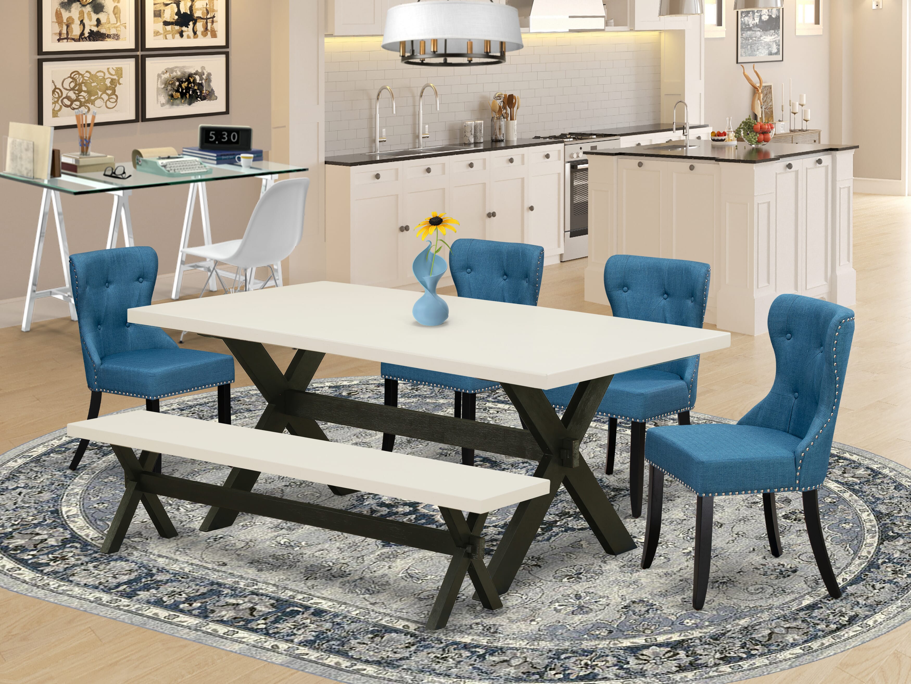 East West Furniture 6-Piece Dining Room Table Set- 4 Padded Parson Chairs with Blue Linen Fabric Seat and Button Tufted Chair Back - Rectangular top & Wooden Cross Legs Dining Room Table and Dining Room Bench - linen white and Black Finish