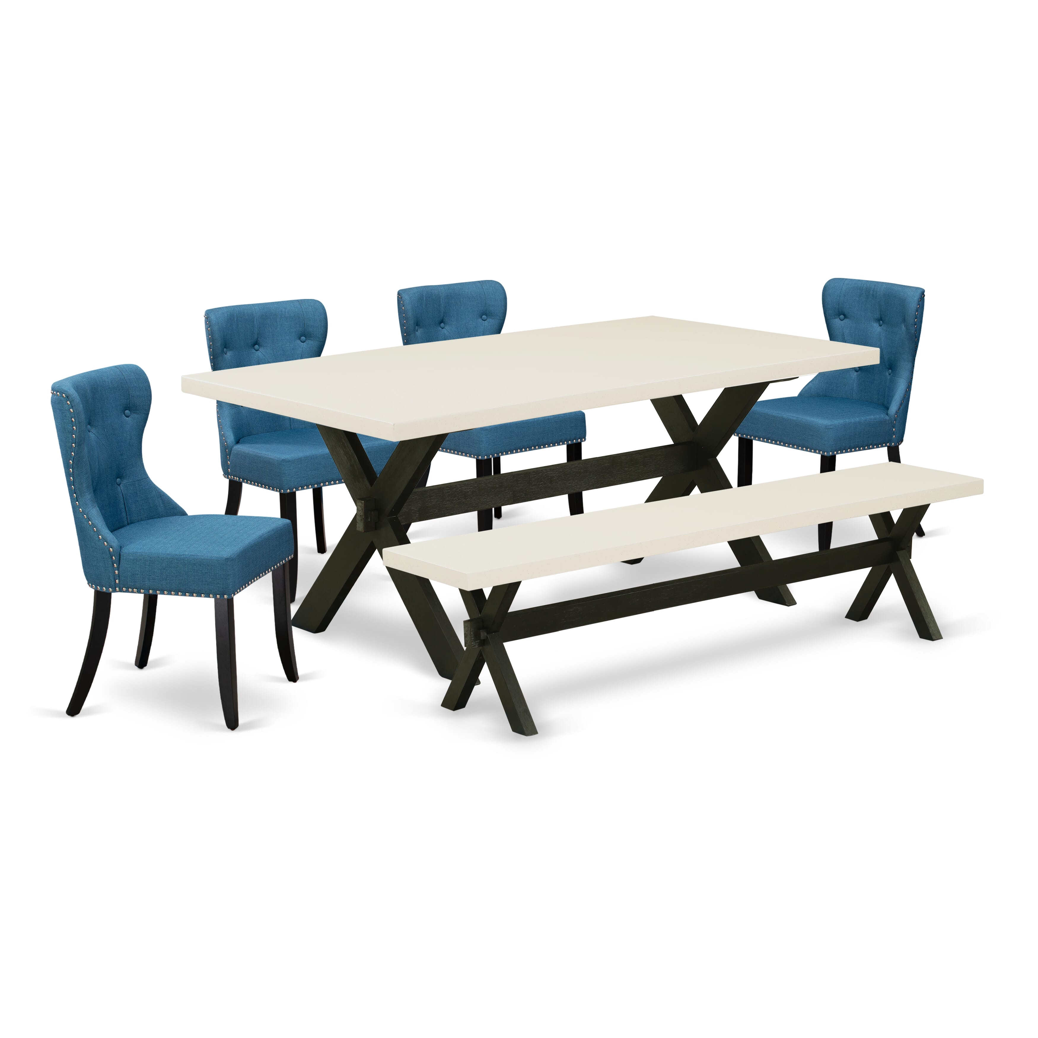 East West Furniture 6-Piece Dining Room Table Set- 4 Padded Parson Chairs with Blue Linen Fabric Seat and Button Tufted Chair Back - Rectangular top & Wooden Cross Legs Dining Room Table and Dining Room Bench - linen white and Black Finish