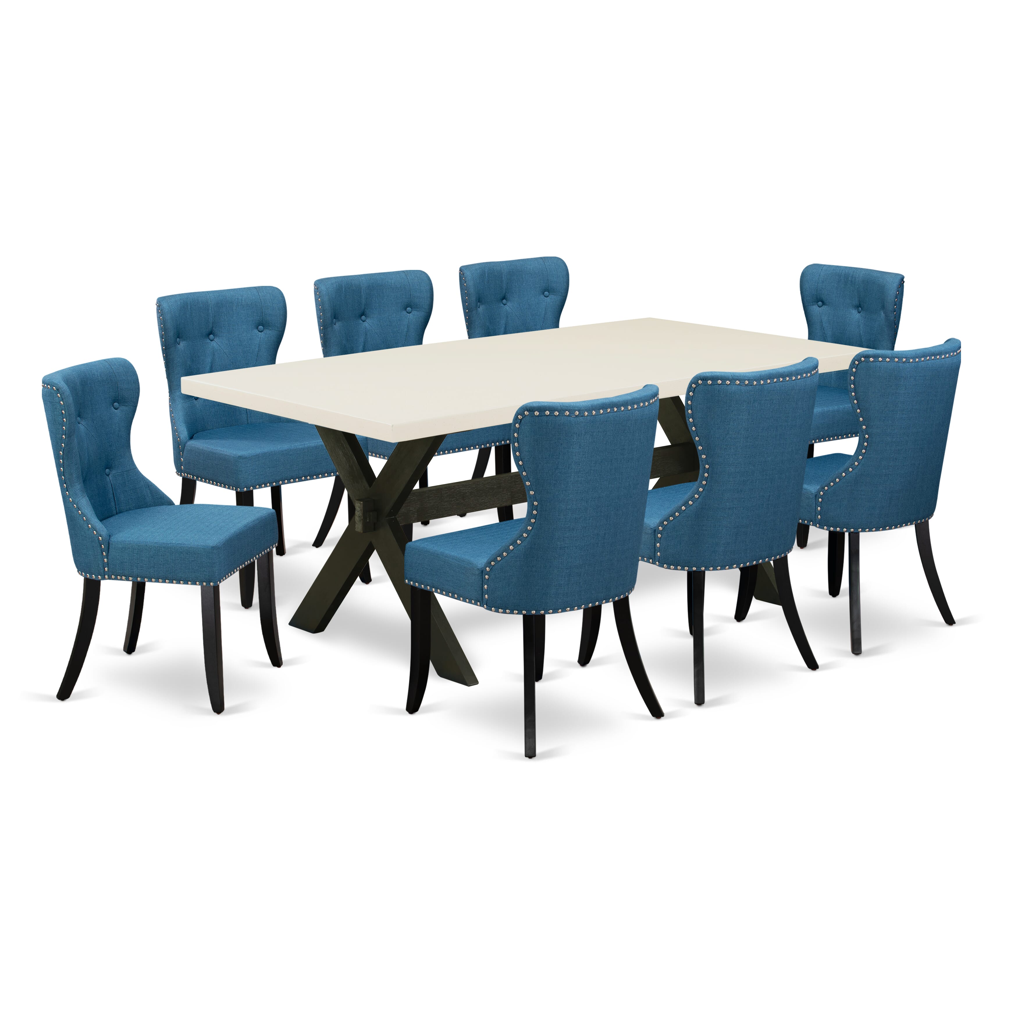 East West Furniture 9-Pc Dining Room Table Set- 8 Parson Dining Chairs with Blue Linen Fabric Seat and Button Tufted Chair Back - Rectangular Table top & Wooden Cross Legs - linen white and Black Finish