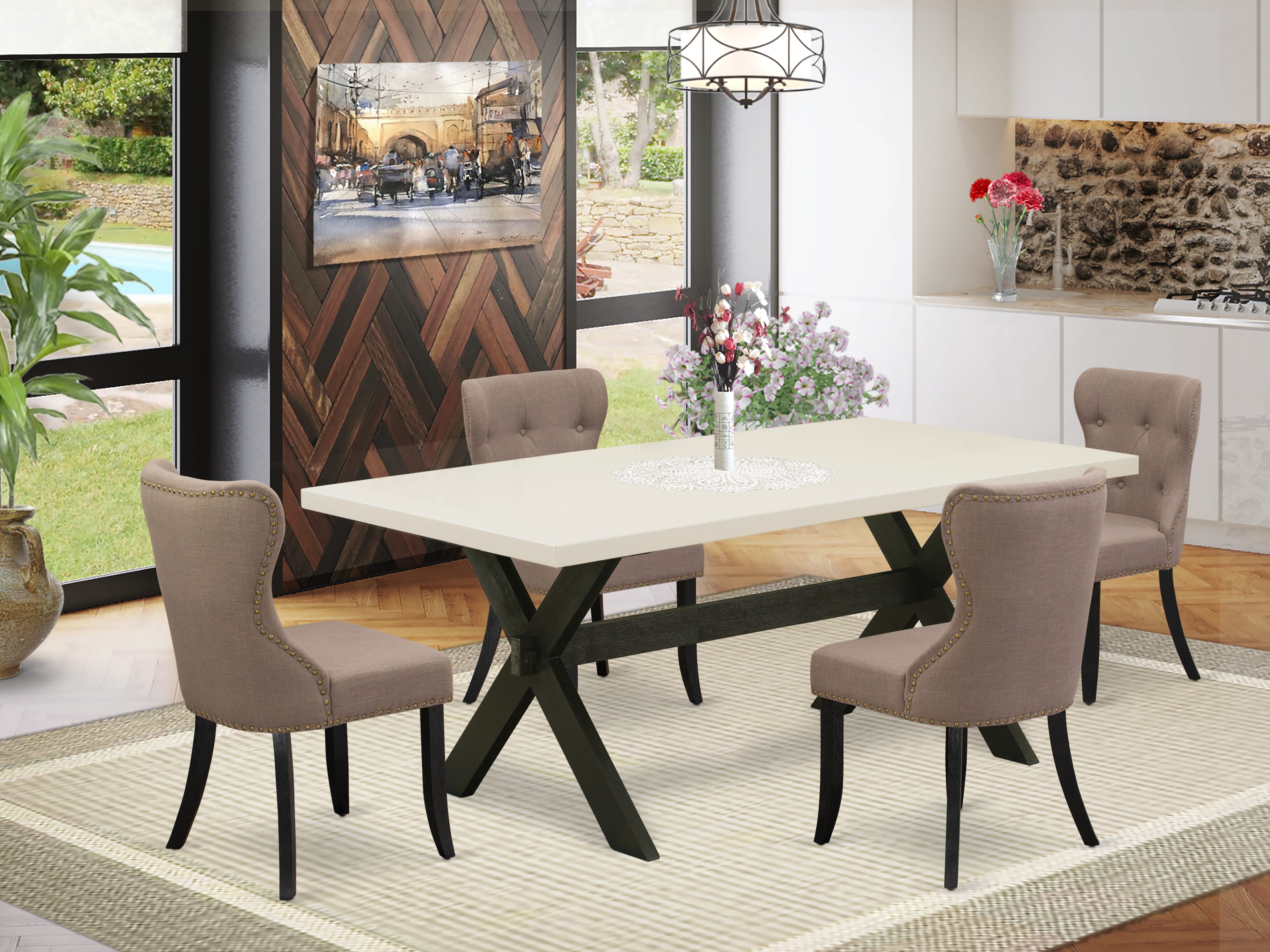 East West Furniture X627SI648-5 5-Pc dining table set with Coffee Linen Fabric Seat and Button Tufted Chair Back Kitchen Chairs - Dining Table - linen white Finish