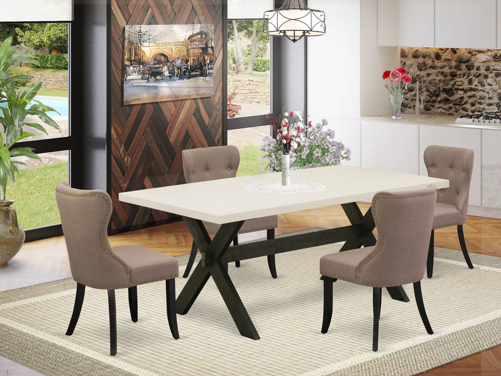 East West Furniture X627SI648-5 5 Piece Dining Room Furniture Set Includes a Rectangle Dining Table with X-Legs and 4 Coffee Linen Fabric Upholstered Chairs