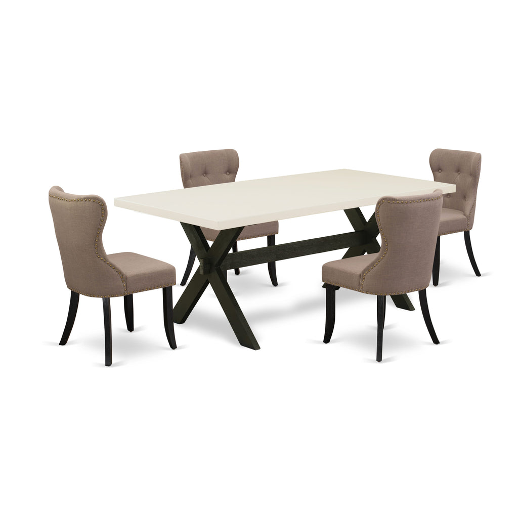 East West Furniture X627SI648-5 5 Piece Dining Room Furniture Set Includes a Rectangle Dining Table with X-Legs and 4 Coffee Linen Fabric Upholstered Chairs