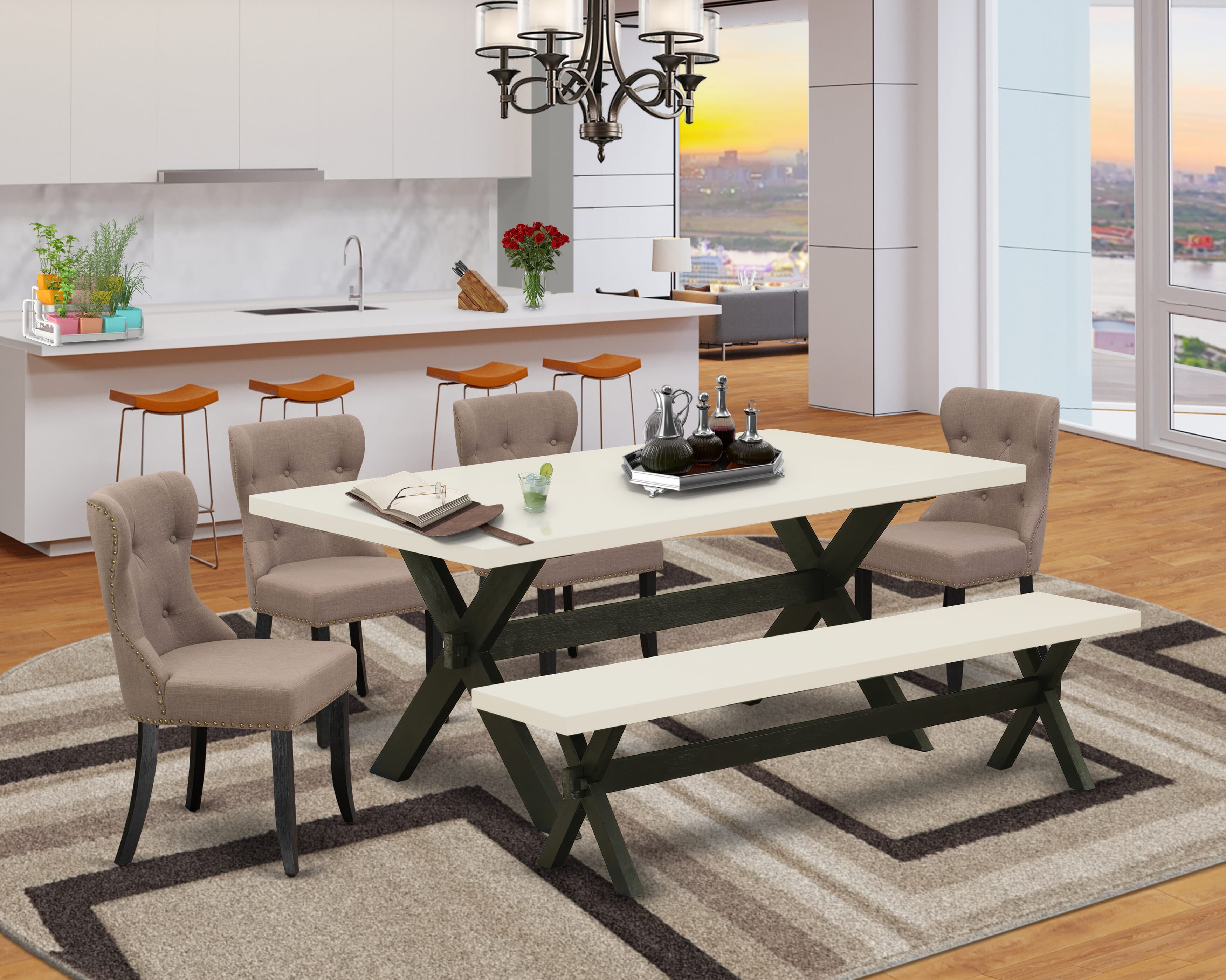 East West Furniture X627SI648-6 6-Pc Dining Table Set with Coffee Linen Fabric Seat and Button Tufted Chair Back Parson Chairs - Dinette Table and Wooden Bench (linen white Finish)
