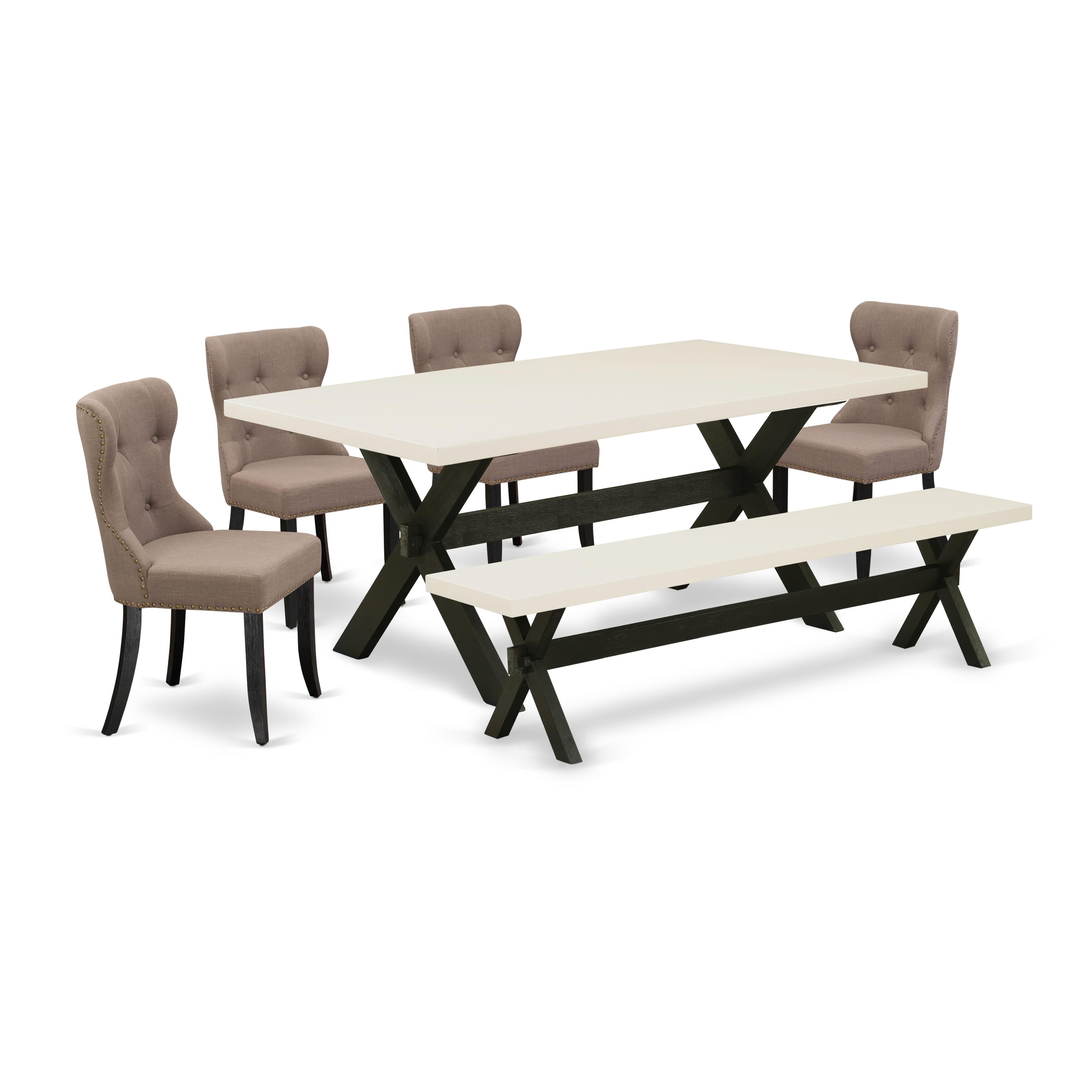 East West Furniture X627SI648-6 6-Pc Dining Table Set with Coffee Linen Fabric Seat and Button Tufted Chair Back Parson Chairs - Dinette Table and Wooden Bench (linen white Finish)