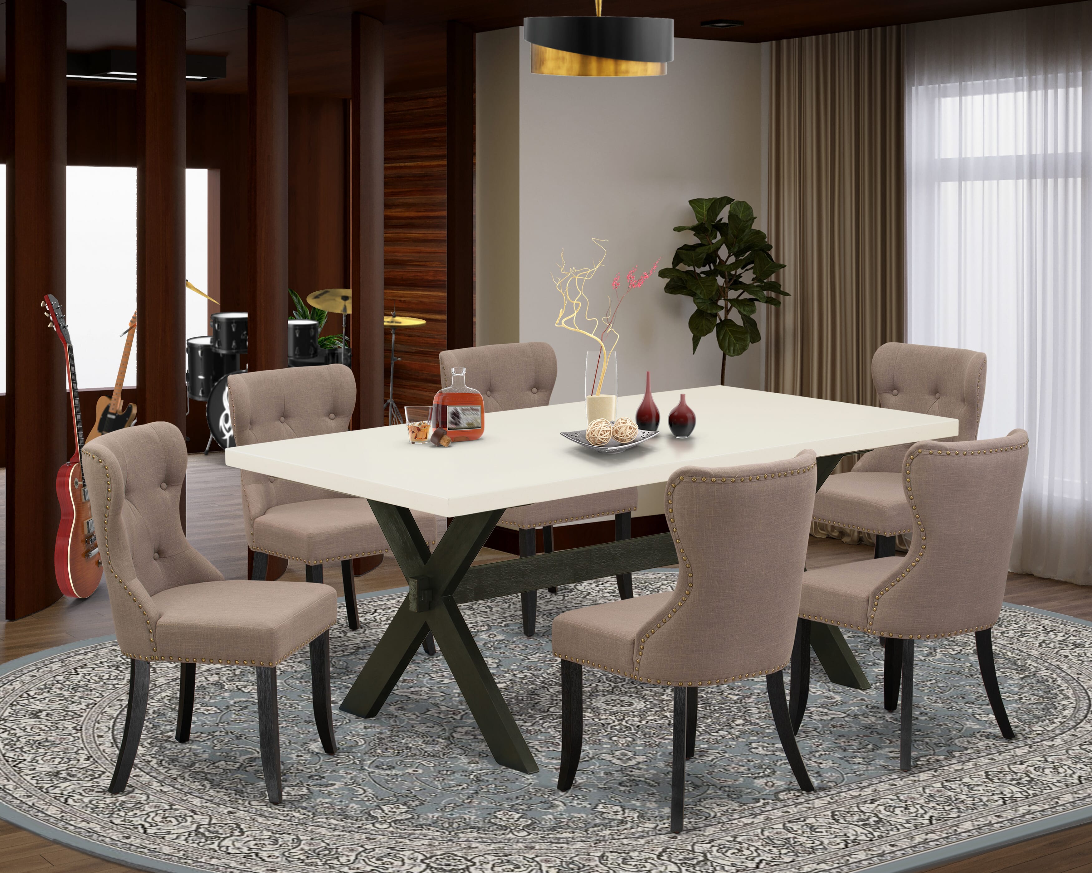 East West Furniture X627SI648-7 7-Pc Mid Century Dining Table Set with Coffee Linen Fabric Seat and Button Tufted Chair Back Kitchen Chairs - Mid Century Dining Table - linen white Finish