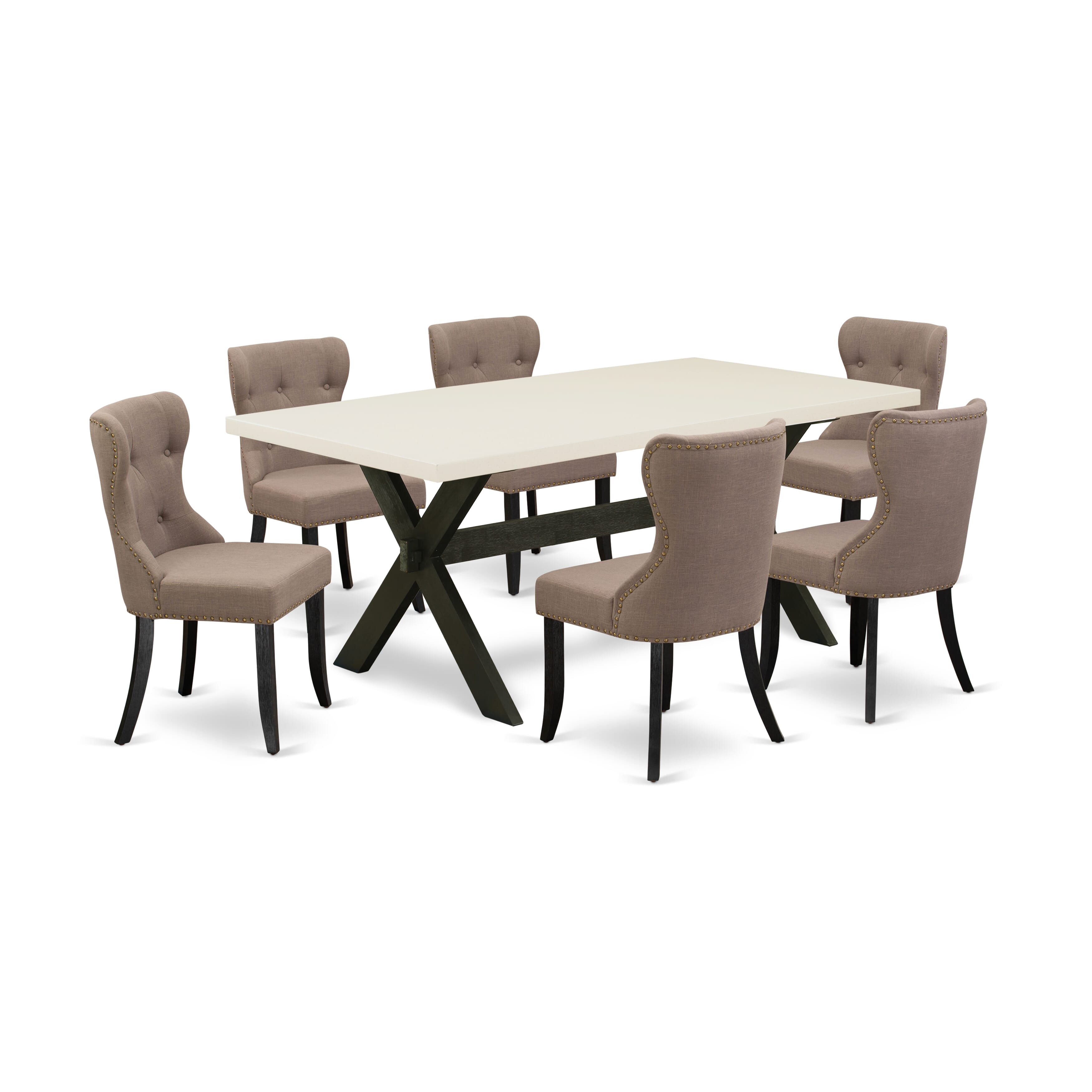East West Furniture X627SI648-7 7-Pc Mid Century Dining Table Set with Coffee Linen Fabric Seat and Button Tufted Chair Back Kitchen Chairs - Mid Century Dining Table - linen white Finish