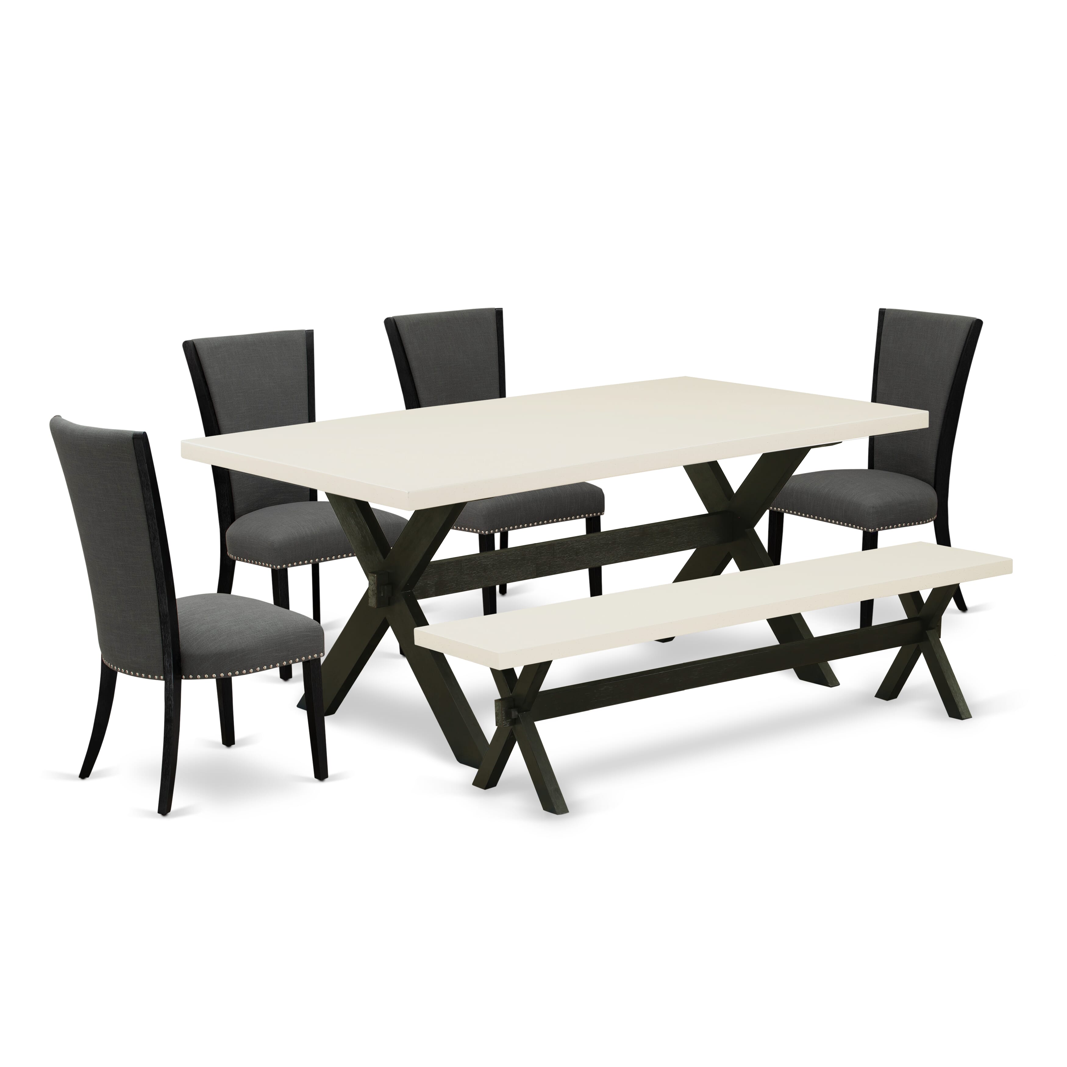 Juego de comedor de 6 piezas East West Furniture X627VE650-6. Contiene una mesa de comedor rectangular con patas en forma de X y 4 sillas tapizadas en tela de lino Gotham oscuro con un banco.
