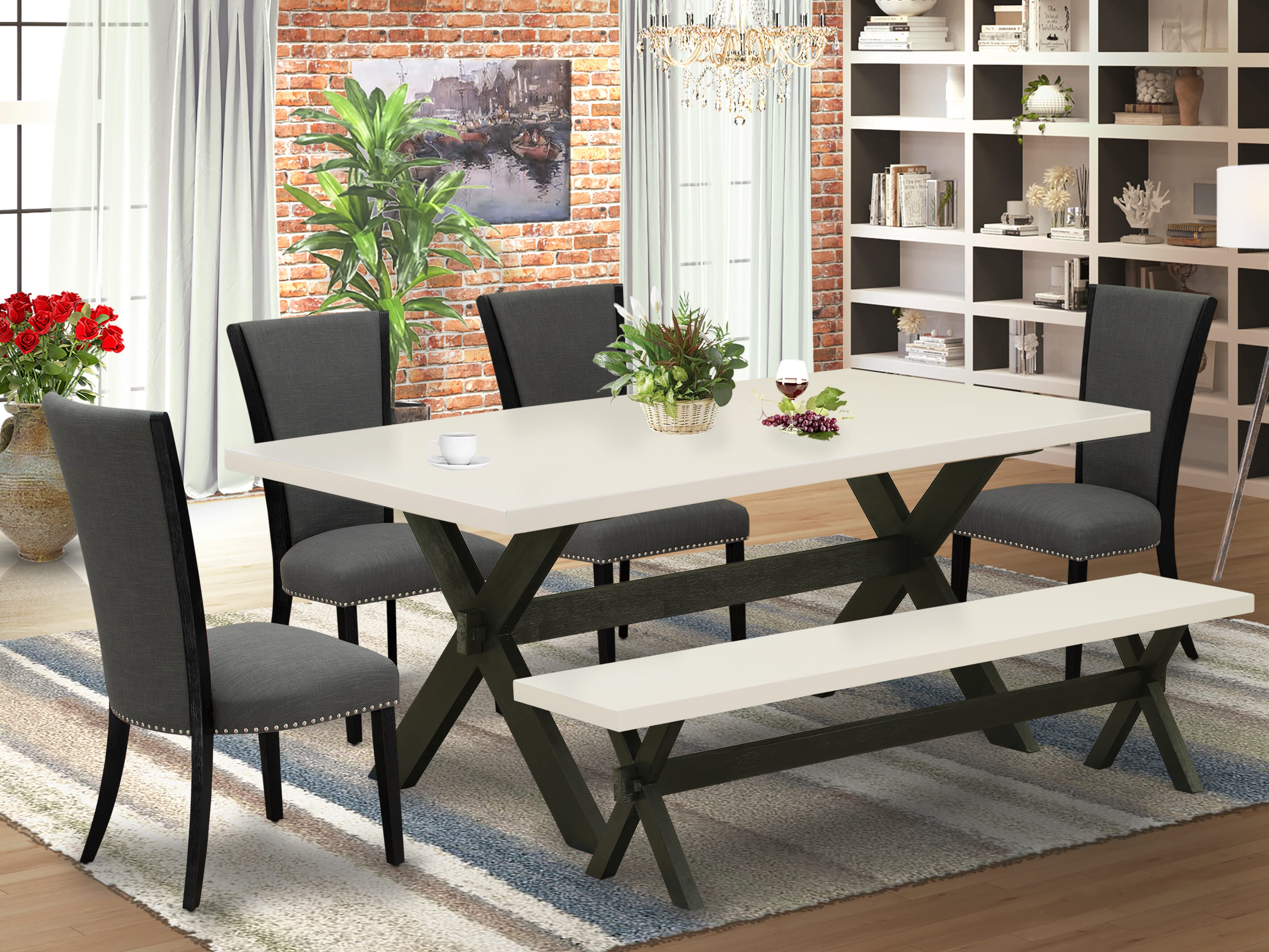 Juego de comedor de 6 piezas East West Furniture X627VE650-6. Contiene una mesa de comedor rectangular con patas en forma de X y 4 sillas tapizadas en tela de lino Gotham oscuro con un banco.