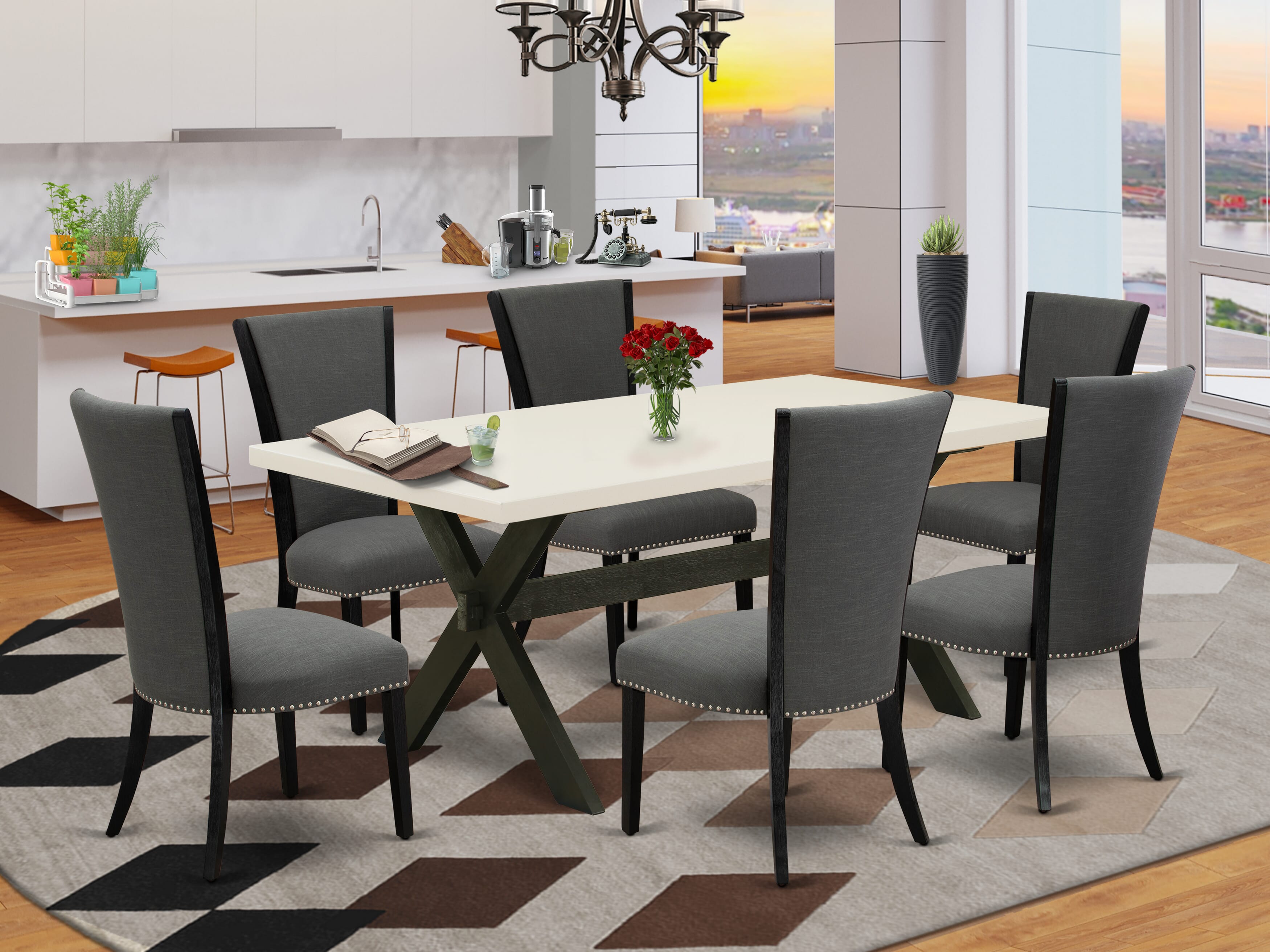 East West Furniture X627VE650-7 7 Pc Modern Dining Set Consists of a linen white Wooden Dining Table and 6 Dark Gotham Grey Linen Fabric Upholstered Chairs with High Back - Wire Brushed Black Finish