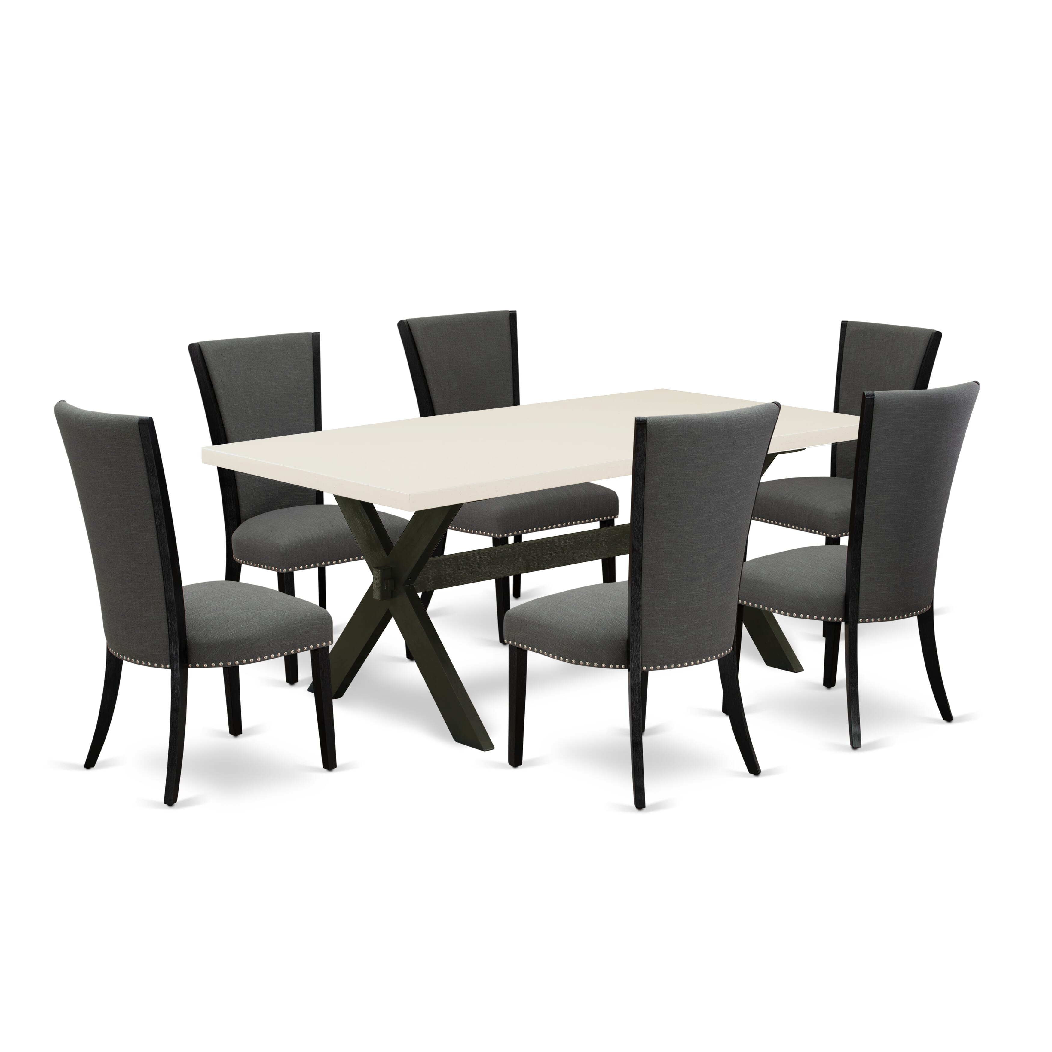 East West Furniture X627VE650-7 7 Pc Modern Dining Set Consists of a linen white Wooden Dining Table and 6 Dark Gotham Grey Linen Fabric Upholstered Chairs with High Back - Wire Brushed Black Finish