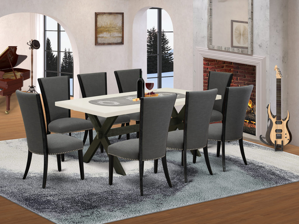 El juego de mesa de comedor East West Furniture X627VE650-9 de 9 piezas incluye una mesa de comedor rectangular con patas en forma de X y 8 sillas tapizadas en tela de lino Gotham oscuro.