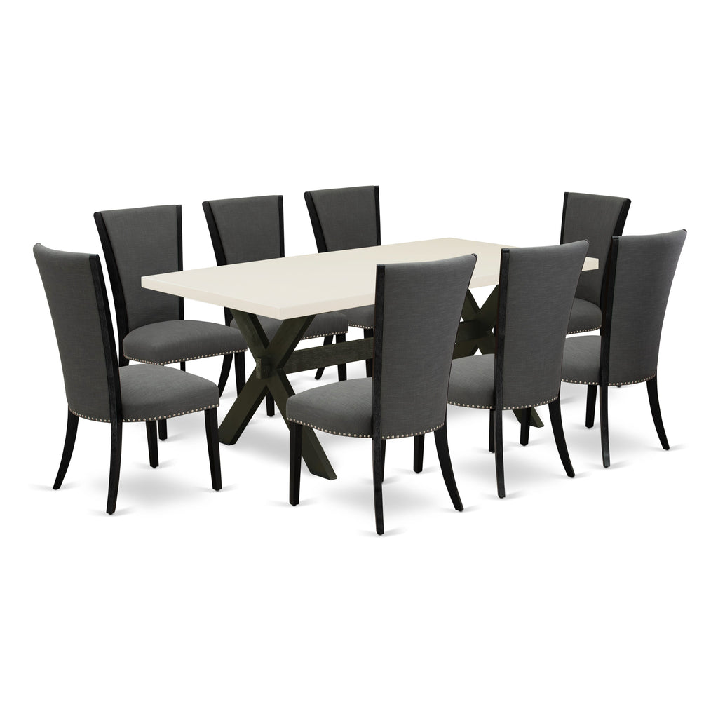 El juego de mesa de comedor East West Furniture X627VE650-9 de 9 piezas incluye una mesa de comedor rectangular con patas en forma de X y 8 sillas tapizadas en tela de lino Gotham oscuro.