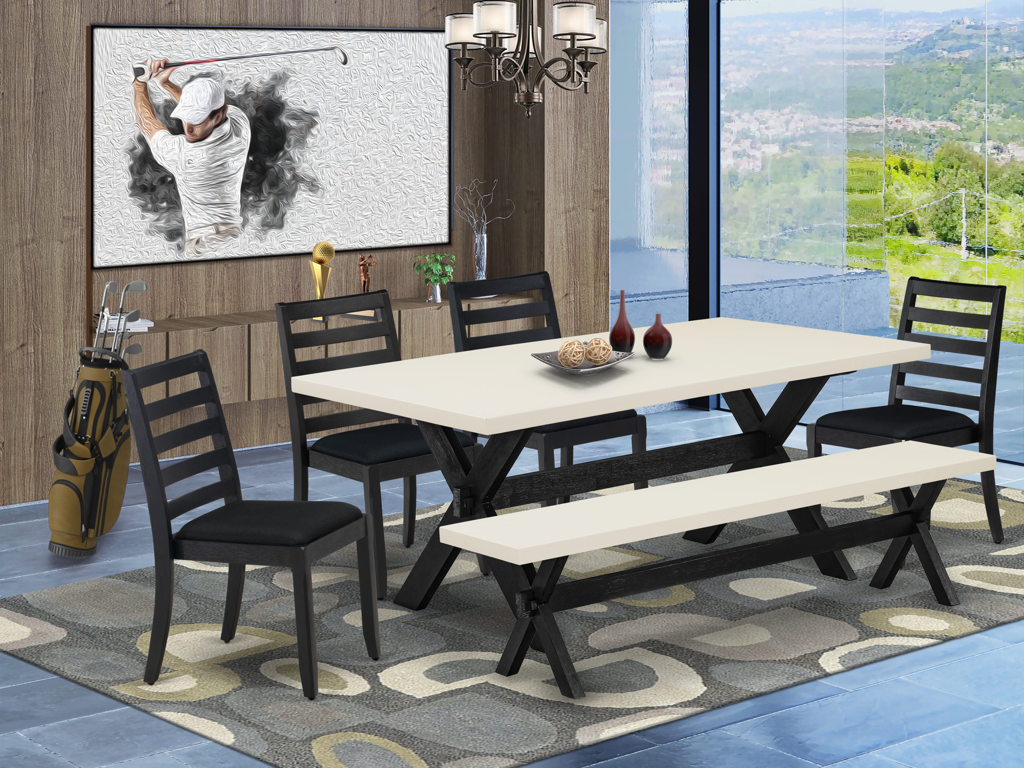 X627X1624-6 - 6-pc kitchen table set - a dinner table & a bench & 4 stackable chairs with Black Linen Fabric - Wire-brushed Black