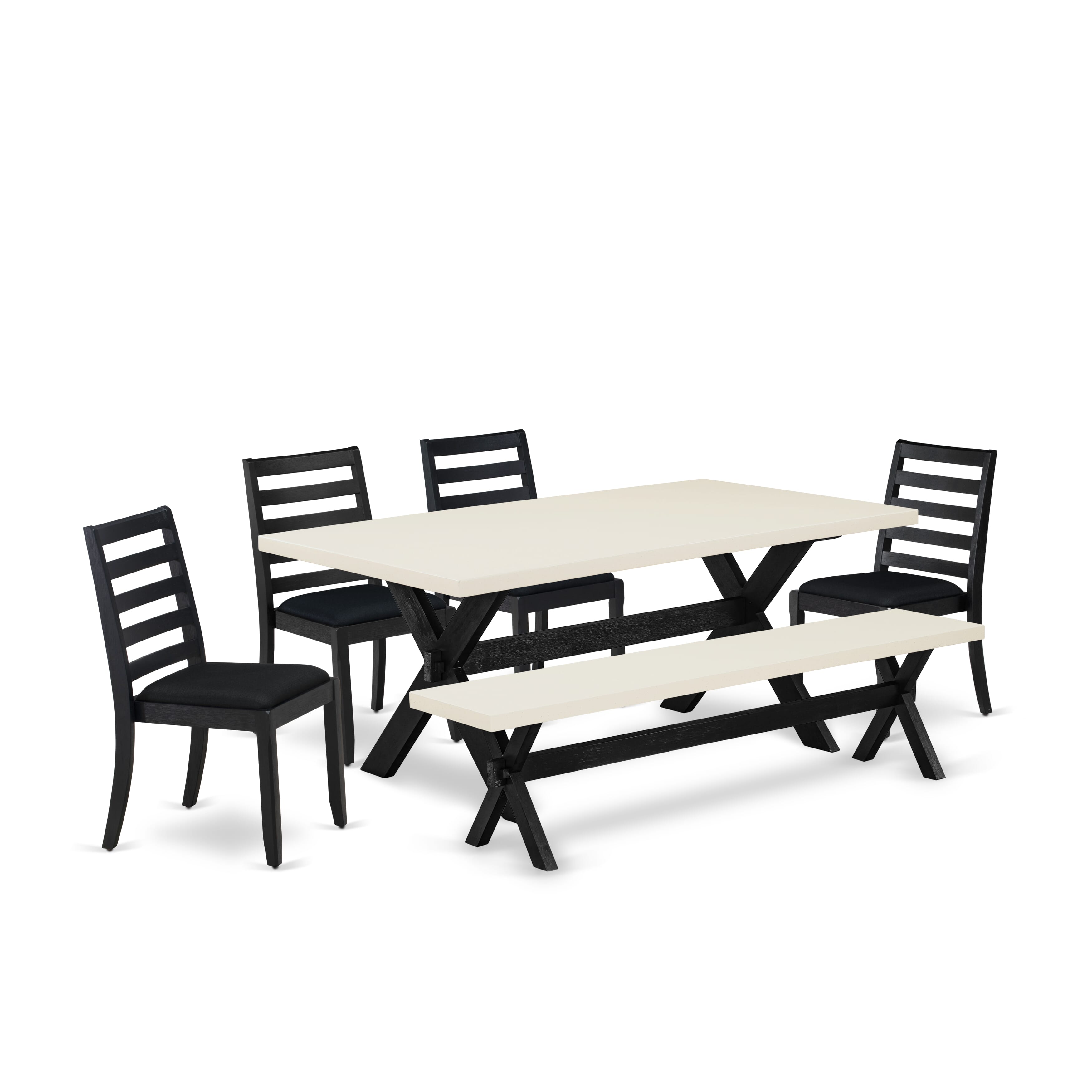 X627X1624-6 - 6-pc kitchen table set - a dinner table & a bench & 4 stackable chairs with Black Linen Fabric - Wire-brushed Black
