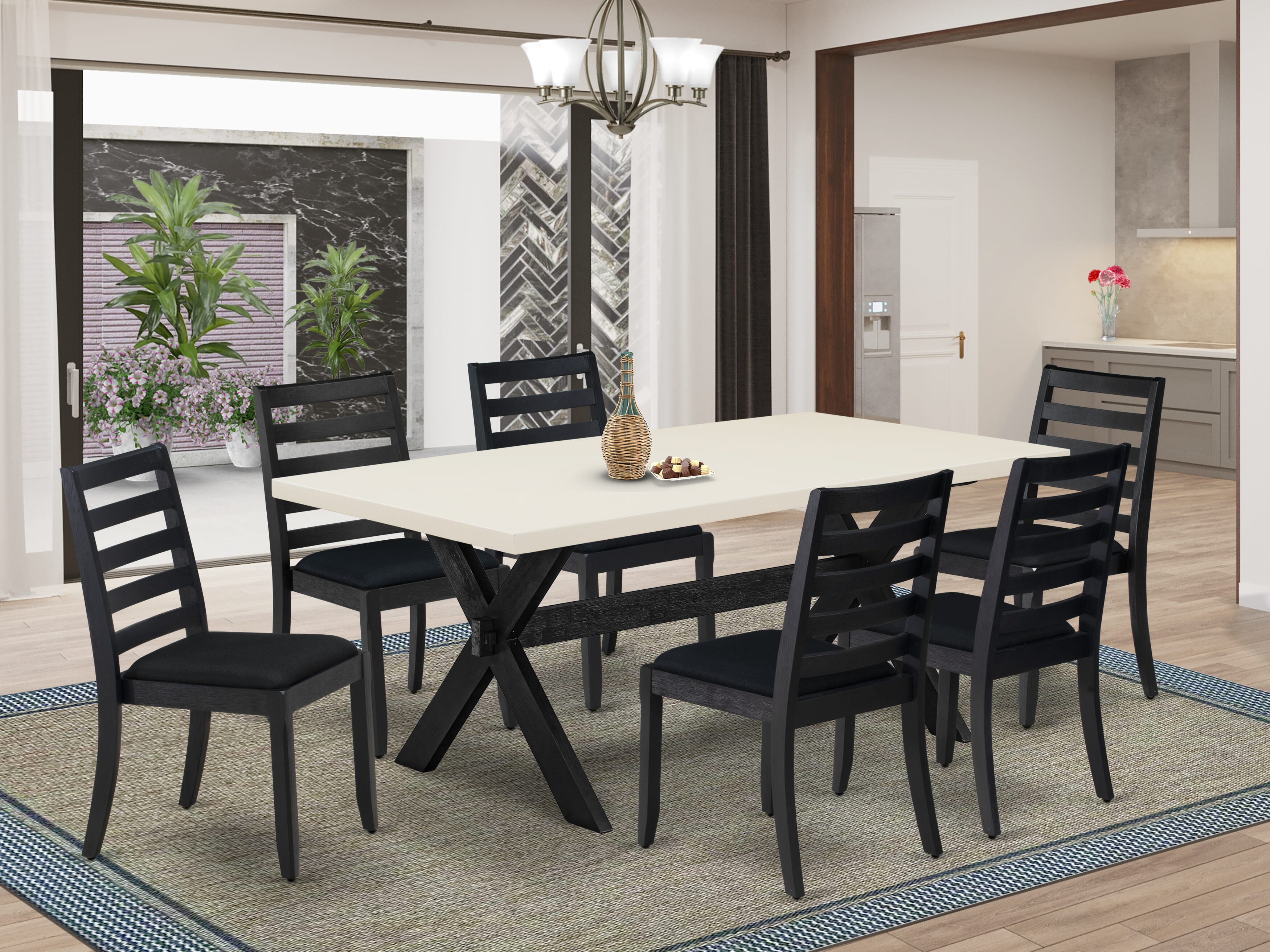 X627X1624-7 - 7-pc dining set - a wooden table & 6 stackable chairs with Black Linen Fabric - Wire-brushed Black