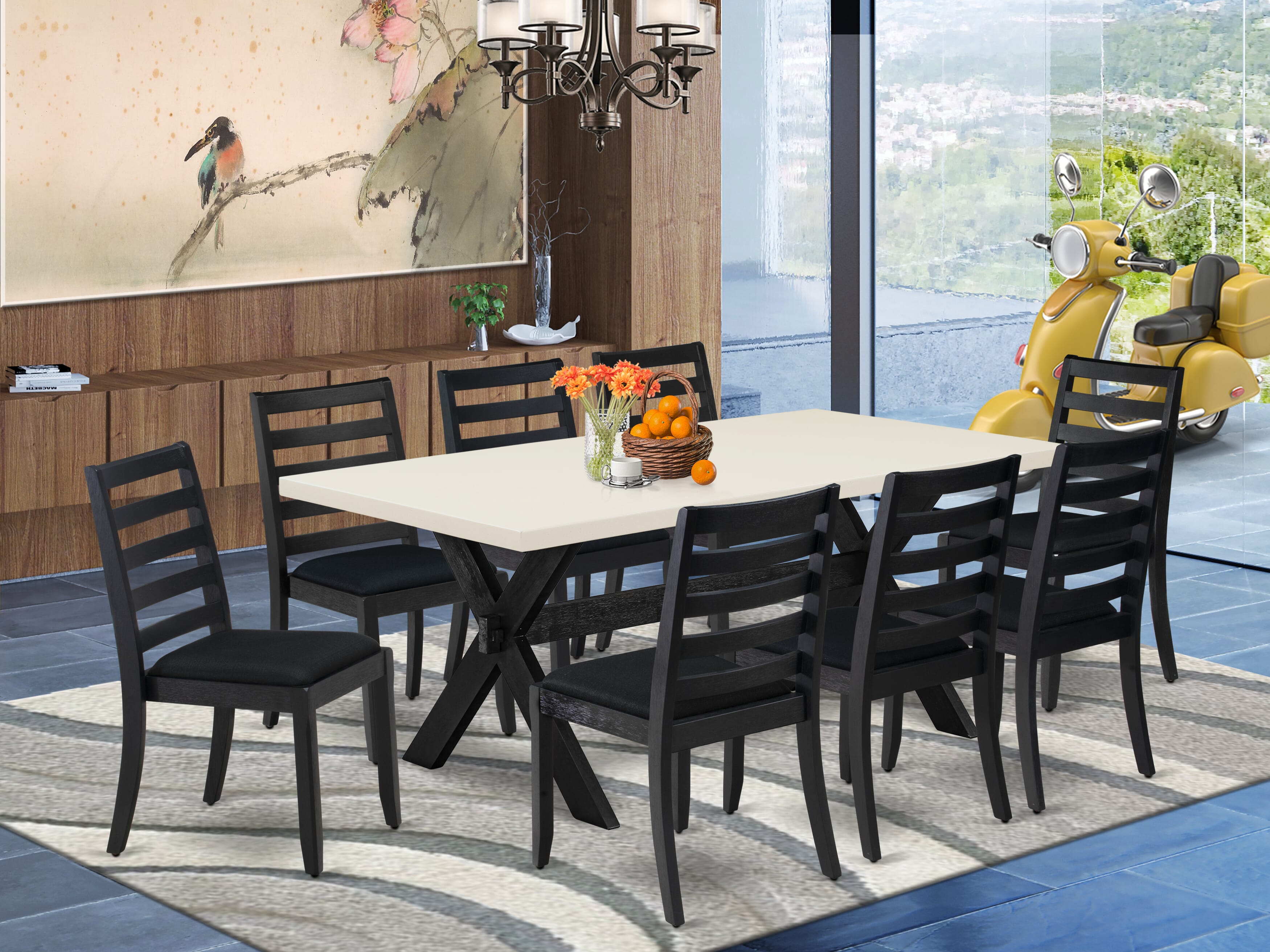X627X1624-9 - 9-pc dining table set - a breakfast table & 8 stackable kitchen chairs with Black Linen Fabric - Wire-brushed Black
