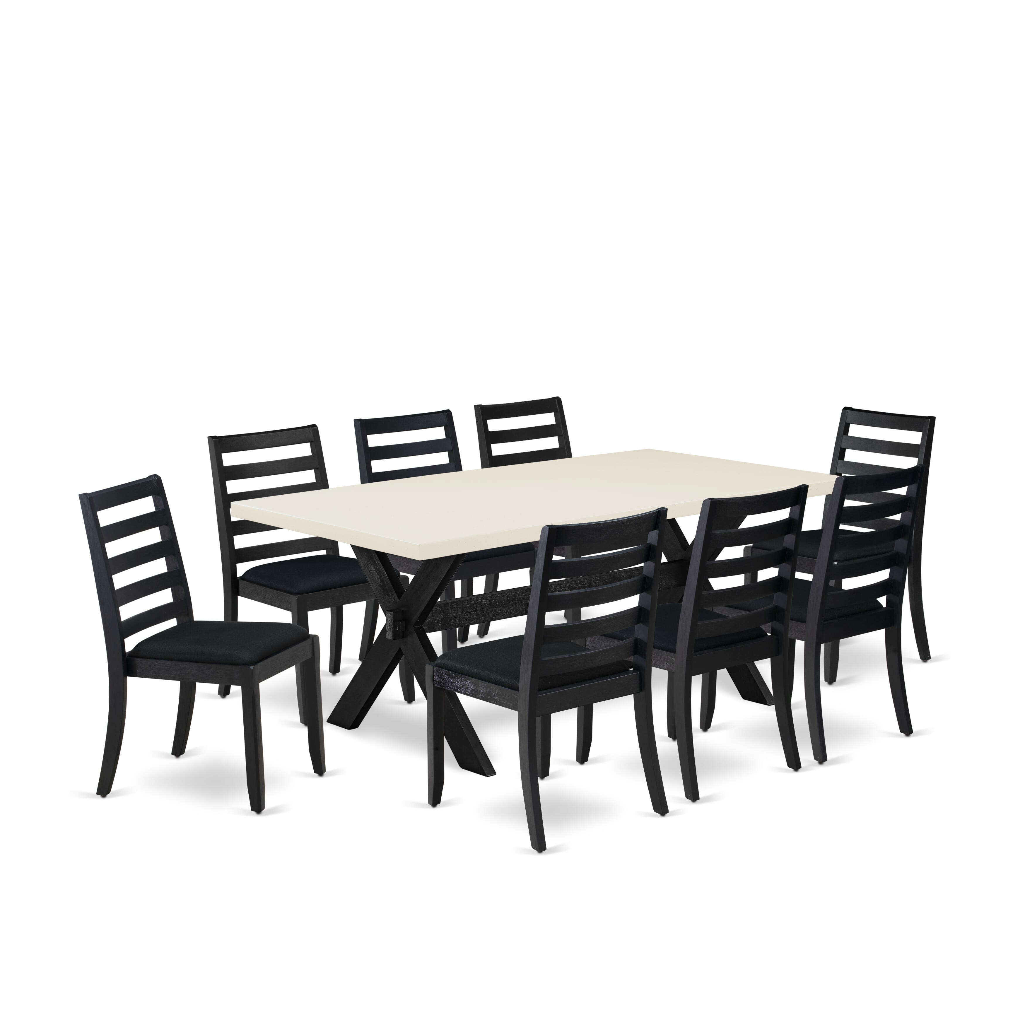 X627X1624-9 - 9-pc dining table set - a breakfast table & 8 stackable kitchen chairs with Black Linen Fabric - Wire-brushed Black