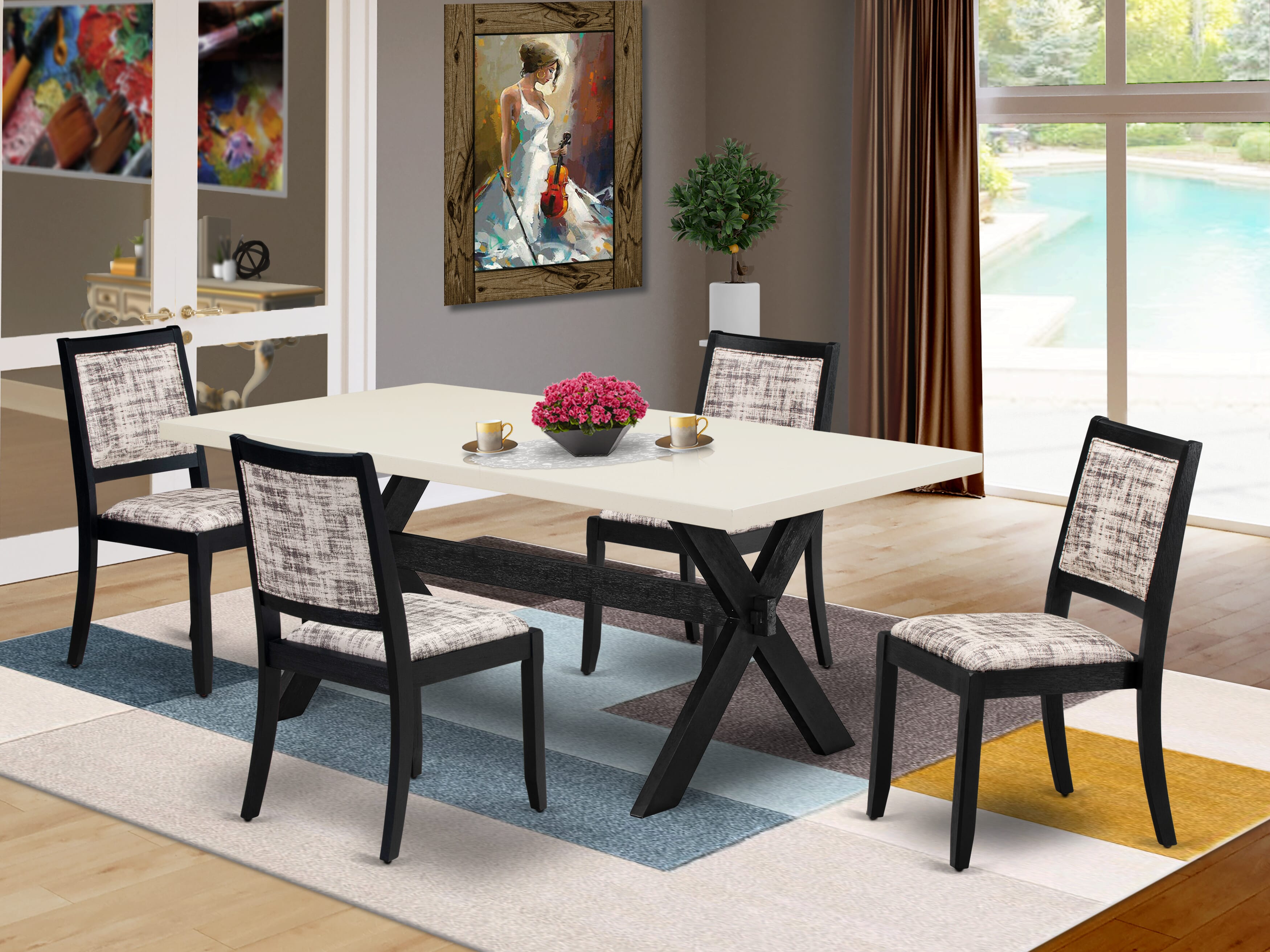 X627X2630-5 - 5-pc kitchen table set - a table & 4 stackable chairs with White & Gray Pattern Faux Leather Fabric - Wire-brushed Black