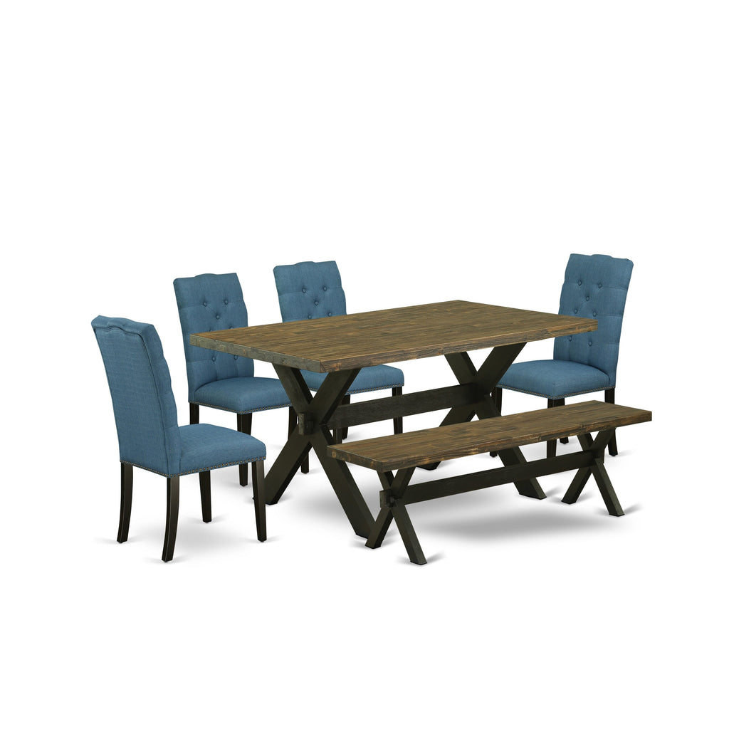 East West Furniture X676EL121-6 6-Piece Dining Room Set with Dining Table and Dining Bench - 4 Linen Fabric Parson Dining Chairs (Wire Brushed Black Finish)