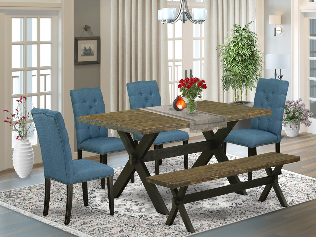 East West Furniture X676EL121-6 6-Piece Dining Room Set with Dining Table and Dining Bench - 4 Linen Fabric Parson Dining Chairs (Wire Brushed Black Finish)