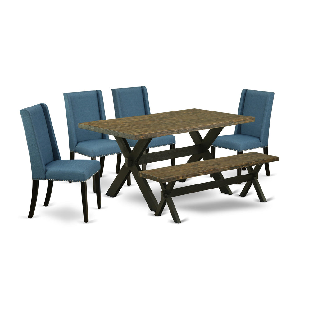 East West Furniture X676FL121-6 6-Piece Kitchen Table Set with Kitchen Table and Wood Bench - 4 Linen Fabric Kitchen Chairs (Wire Brushed Black Finish)
