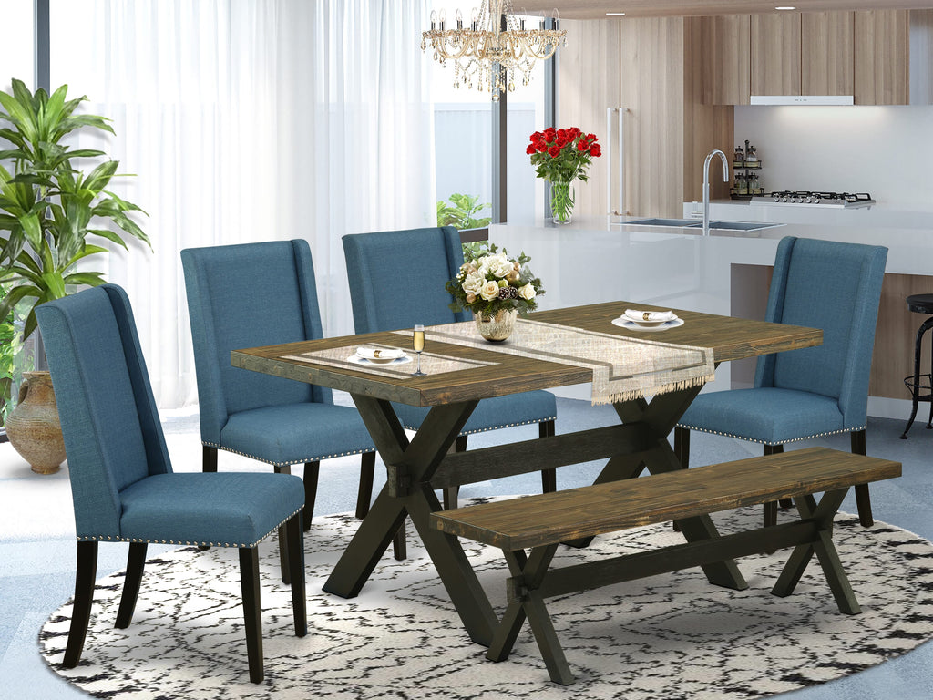 East West Furniture X676FL121-6 6-Piece Kitchen Table Set with Kitchen Table and Wood Bench - 4 Linen Fabric Kitchen Chairs (Wire Brushed Black Finish)