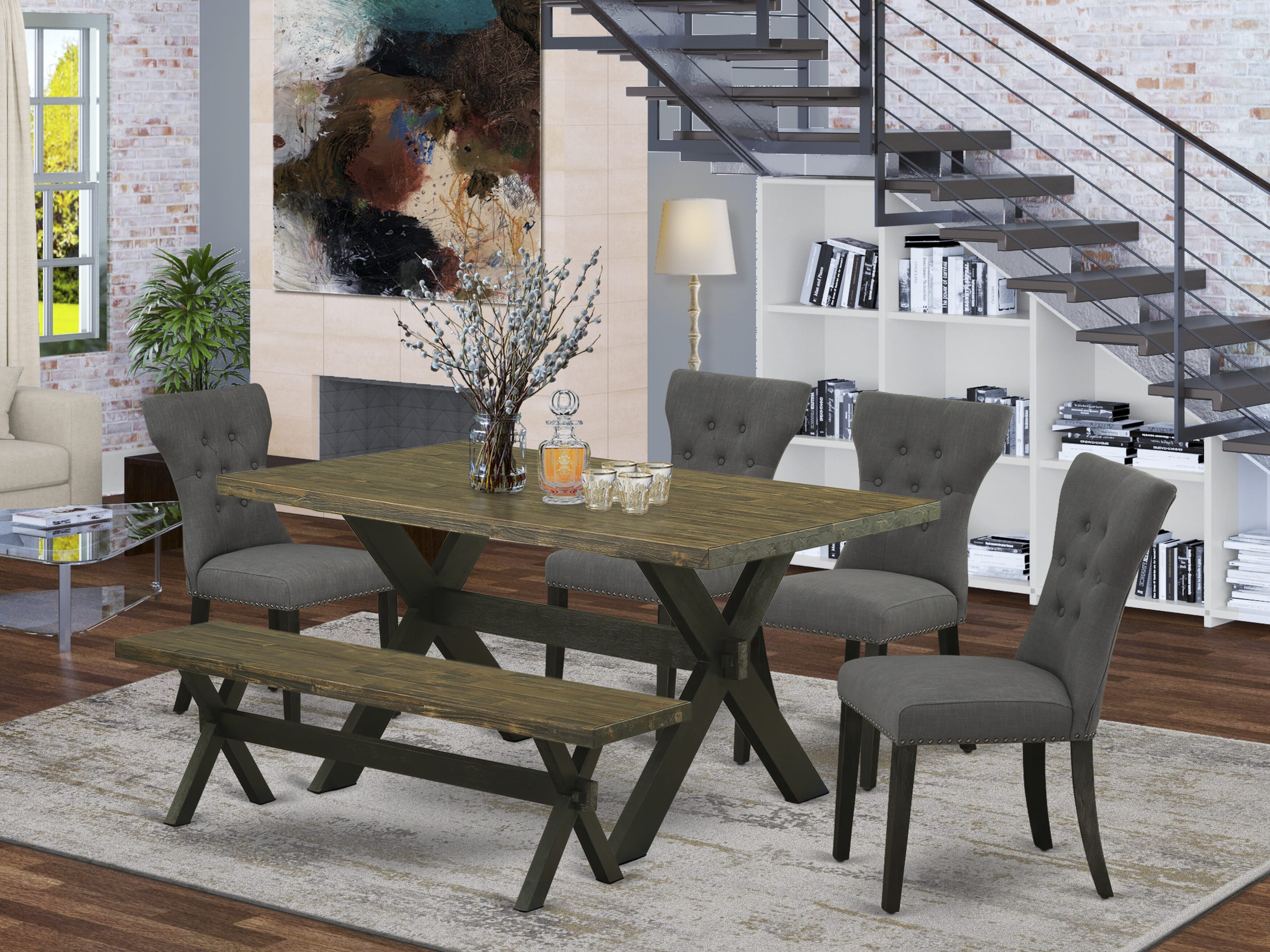 East West Furniture X676GA650-6 6-Pc Table Dining Set-Dark Gotham Grey Linen Fabric Seat and Button Tufted Chair Back Parson dining room chairs