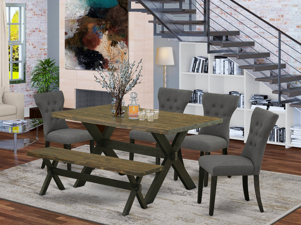 East West Furniture X676GA650-6 6-Pc Table Dining Set-Dark Gotham Grey Linen Fabric Seat and Button Tufted Chair Back Parson dining room chairs