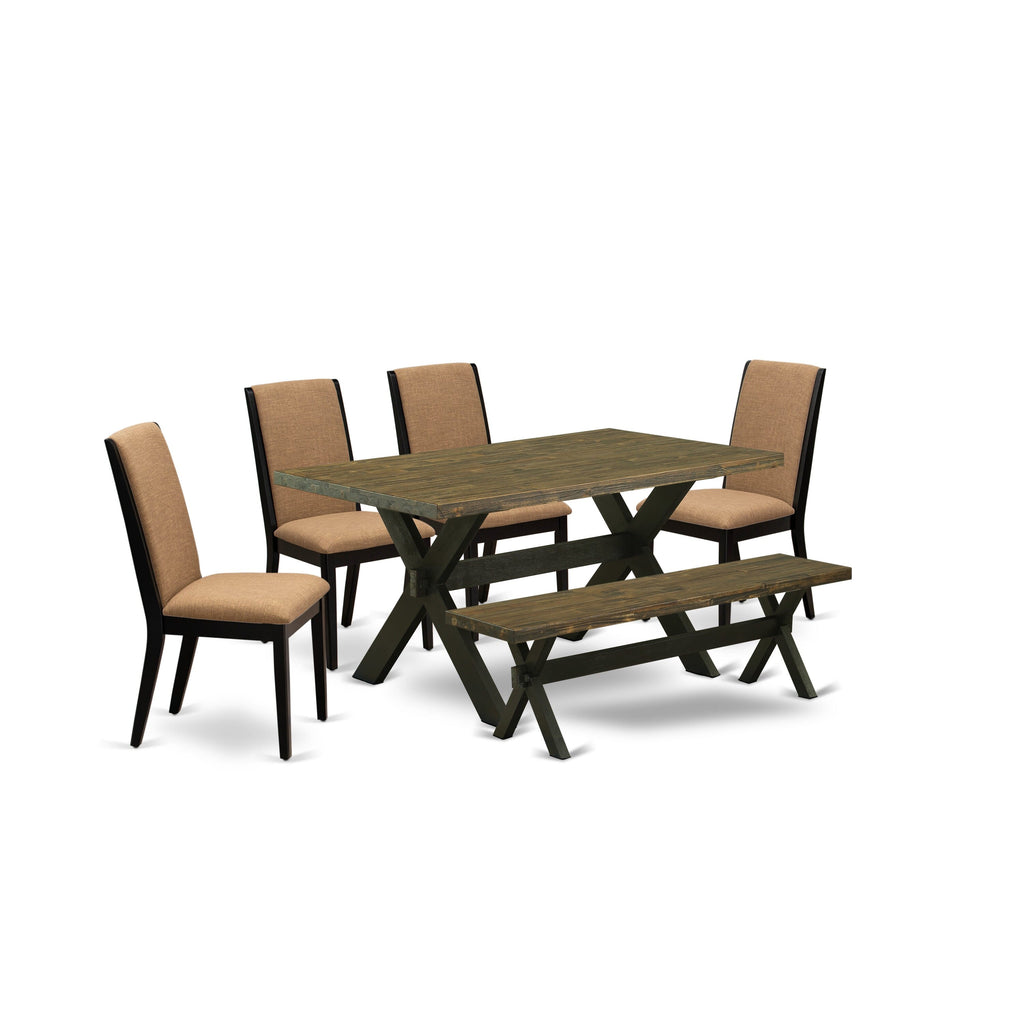 East West Furniture X676LA147-6 6-Piece Dining Table Set with Kitchen Table and Dining Room Bench - 4 Linen Fabric Kitchen Chairs (Wire Brushed Black Finish)