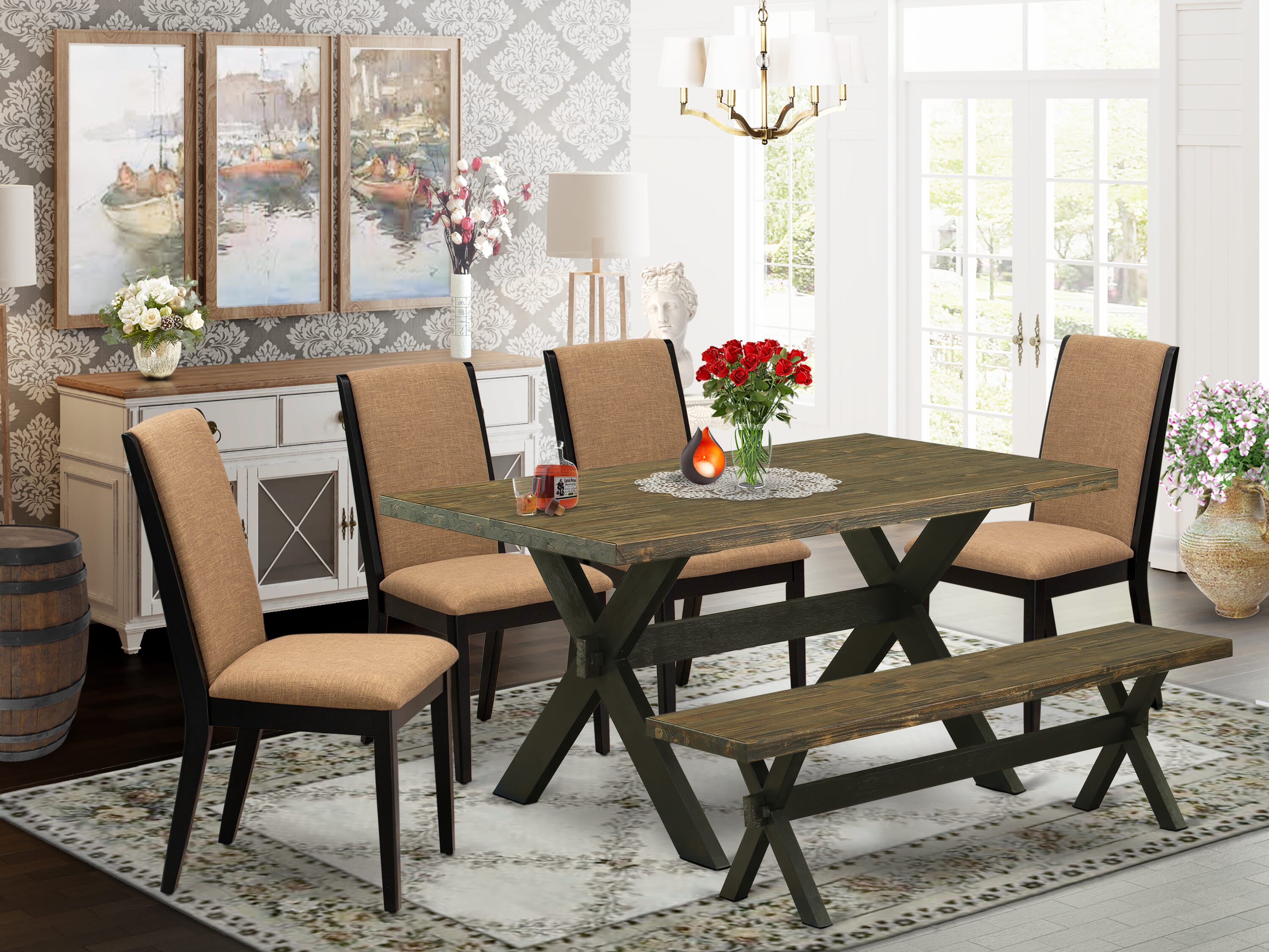 East West Furniture X676LA147-6 6-Piece Dining Table Set with Kitchen Table and Dining Room Bench - 4 Linen Fabric Kitchen Chairs (Wire Brushed Black Finish)