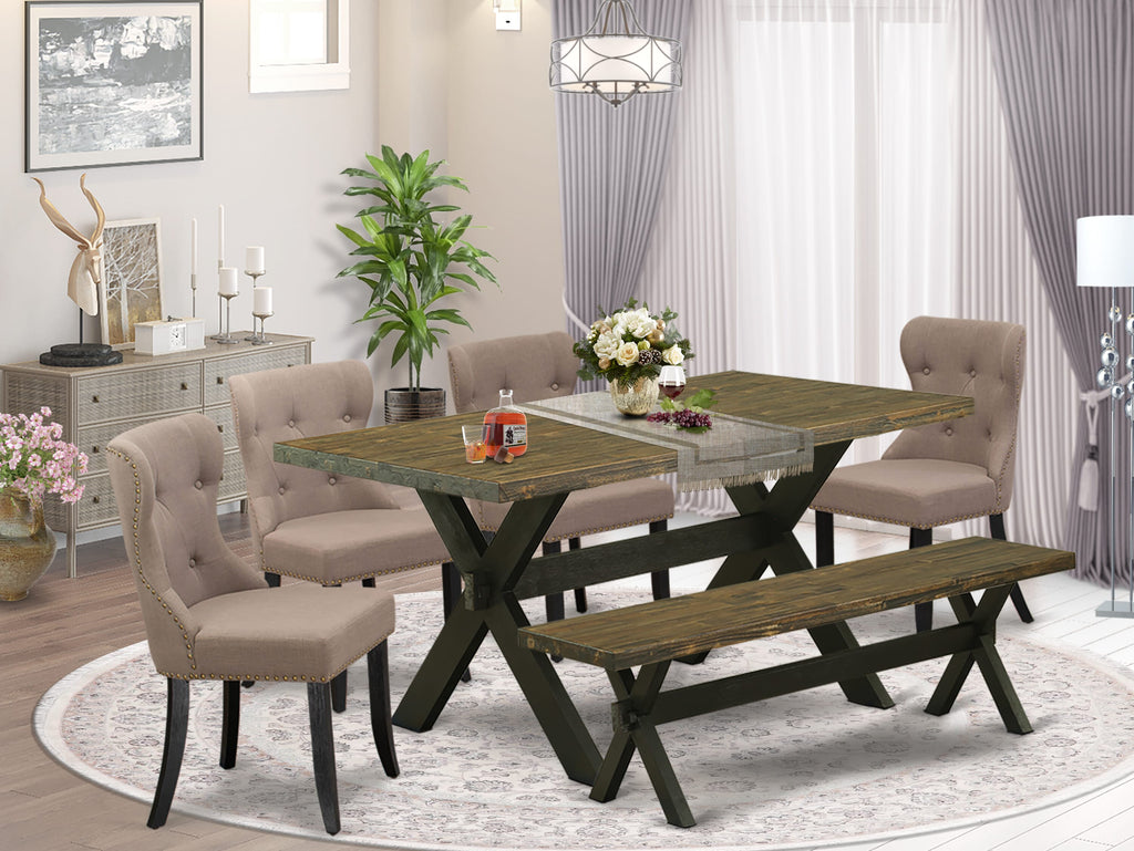 East West Furniture X676SI648-6 6-Piece Dining Set- 4 Coffee Linen Fabric Dining Chairs with Button Tufted Back - A Dining Room Table and 1 Dining Bench (Distressed Jacobean Finish)