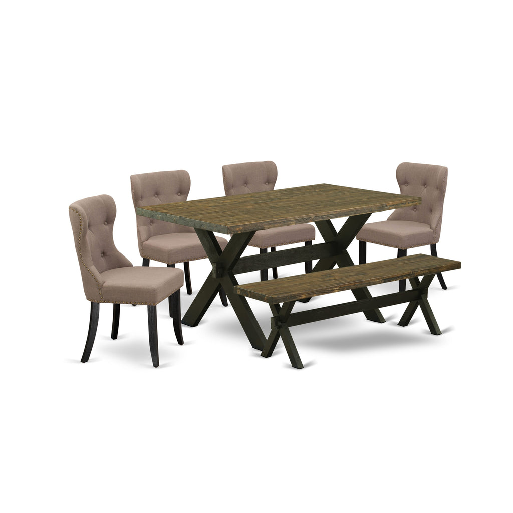 East West Furniture X676SI648-6 6-Piece Dining Set- 4 Coffee Linen Fabric Dining Chairs with Button Tufted Back - A Dining Room Table and 1 Dining Bench (Distressed Jacobean Finish)