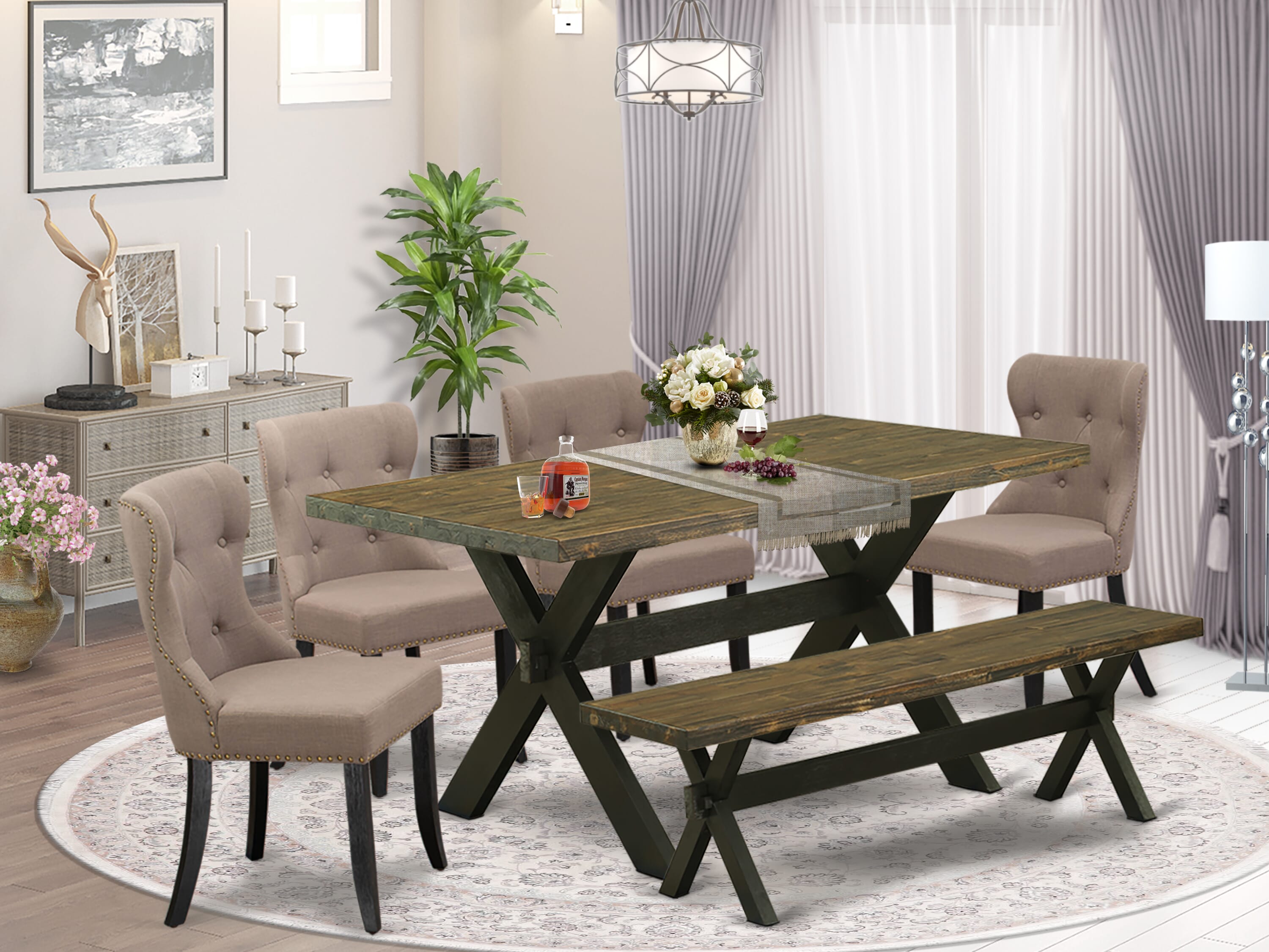East West Furniture X676SI648-6 6-Piece Dining Set- 4 Coffee Linen Fabric Dining Chairs with Button Tufted Back - A Dining Room Table and 1 Dining Bench (Distressed Jacobean Finish)