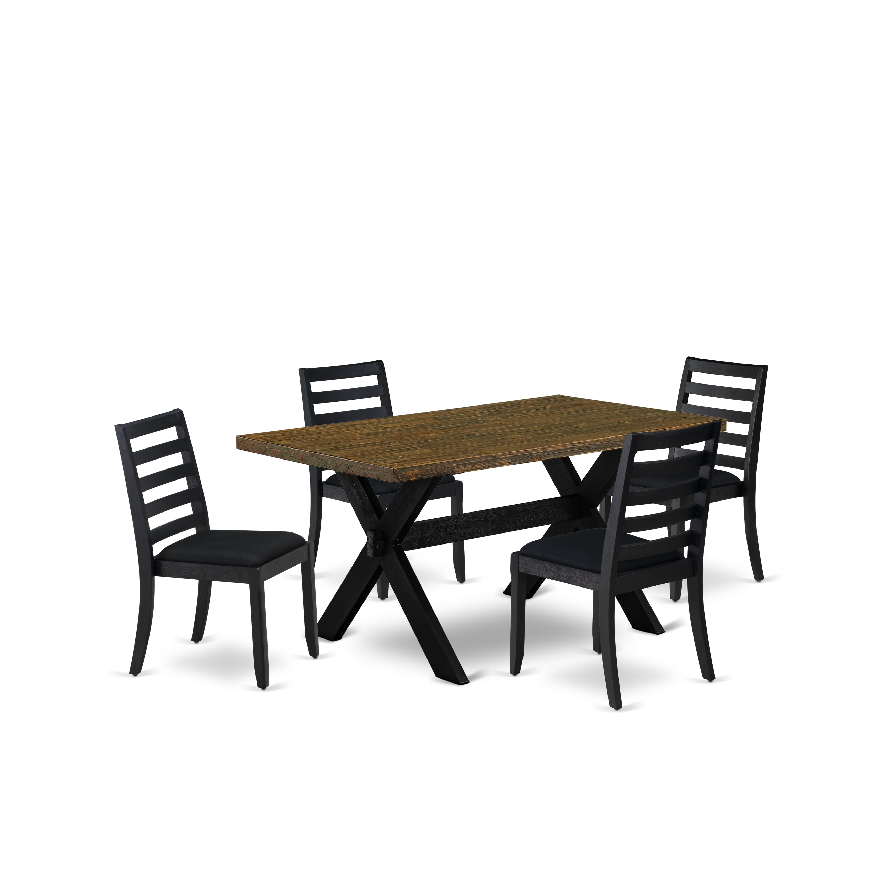 X676X1624-5 - 5-pc dining set - a dinner table & 4 stackable kitchen chairs with Black Linen Fabric - Wire-brushed Black
