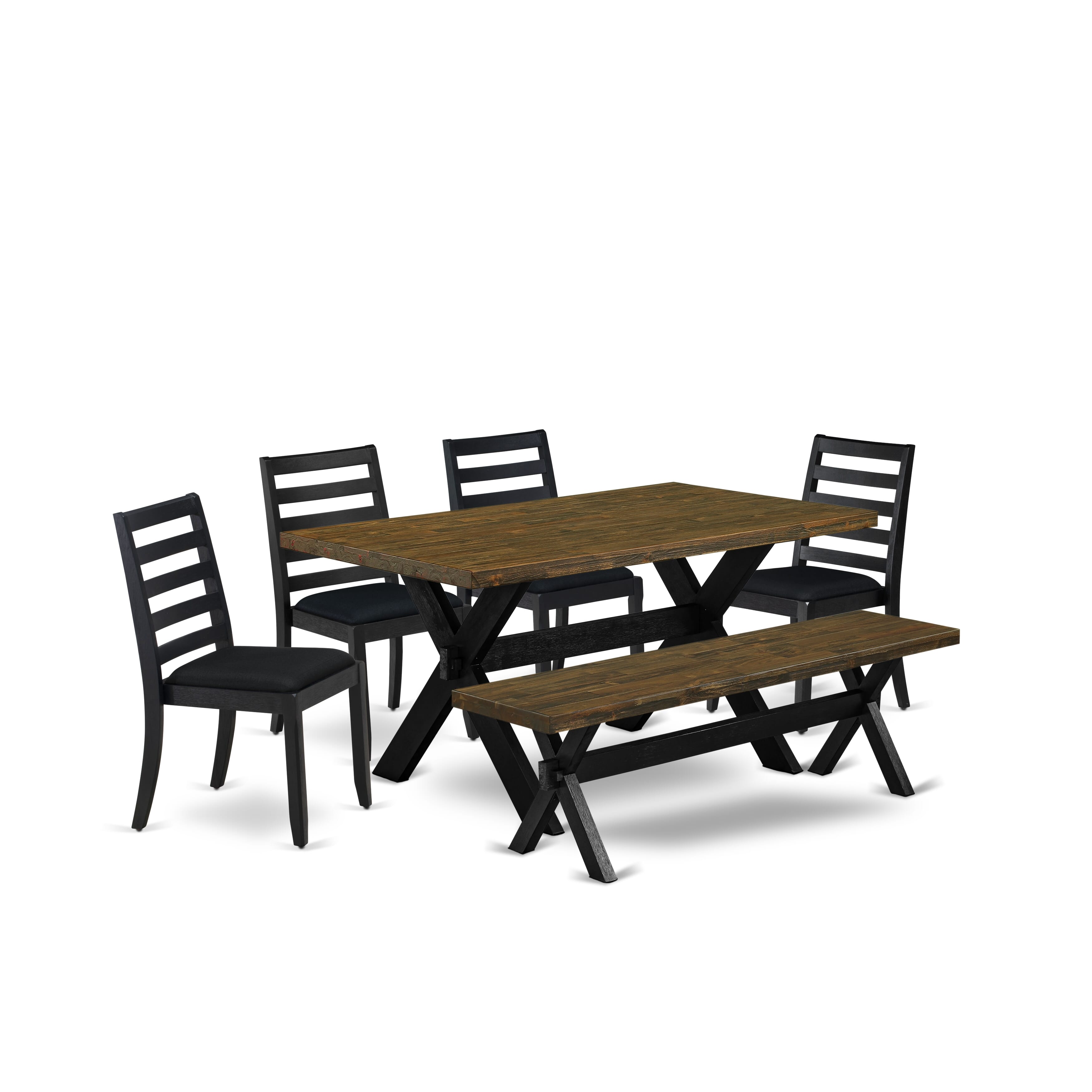 X676X1624-6 - 6-pc kitchen set - a dining table & a bench & 4 stackable chairs with Black Linen Fabric - Wire-brushed Black
