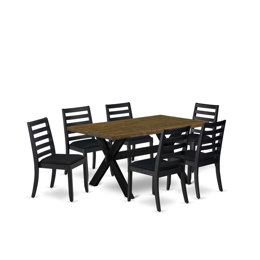East West Furniture X676X1624-7 - 7-piece dining table set consists of a kitchen table with Distressed Jacobean top and 6 stackable chairs with Black Linen Fabric - Wire-brushed Black